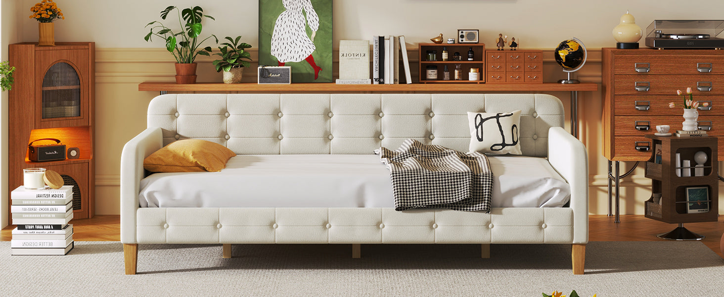 Twin Size Upholstered Daybed With 4 Support Legs, White Twin White Upholstered