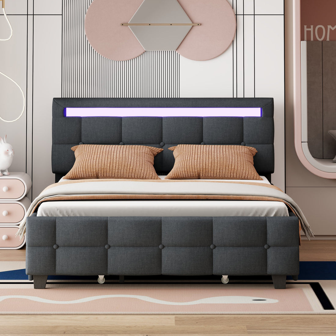 Queen Size Upholstered Platform Bed With Led Frame And 4 Drawers, Linen Fabric, Gray Gray Linen