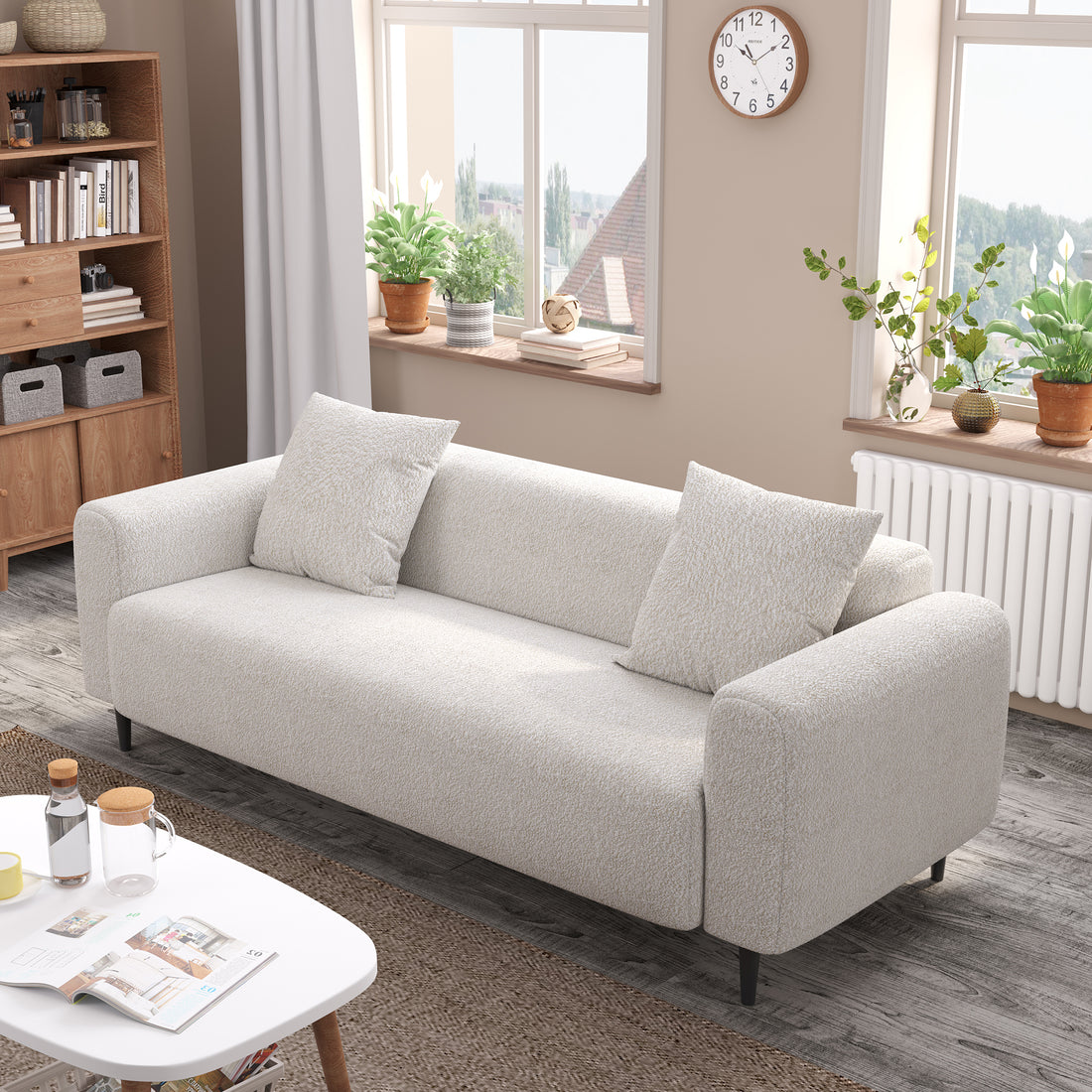 77.2 Large Size Two Seat Sofa,Modern Upholstered,White Mohair Granular Velvet White Velvet Primary Living Space Soft Modern Eucalyptus Polyurethane Foam Eucalyptus 2 Seat