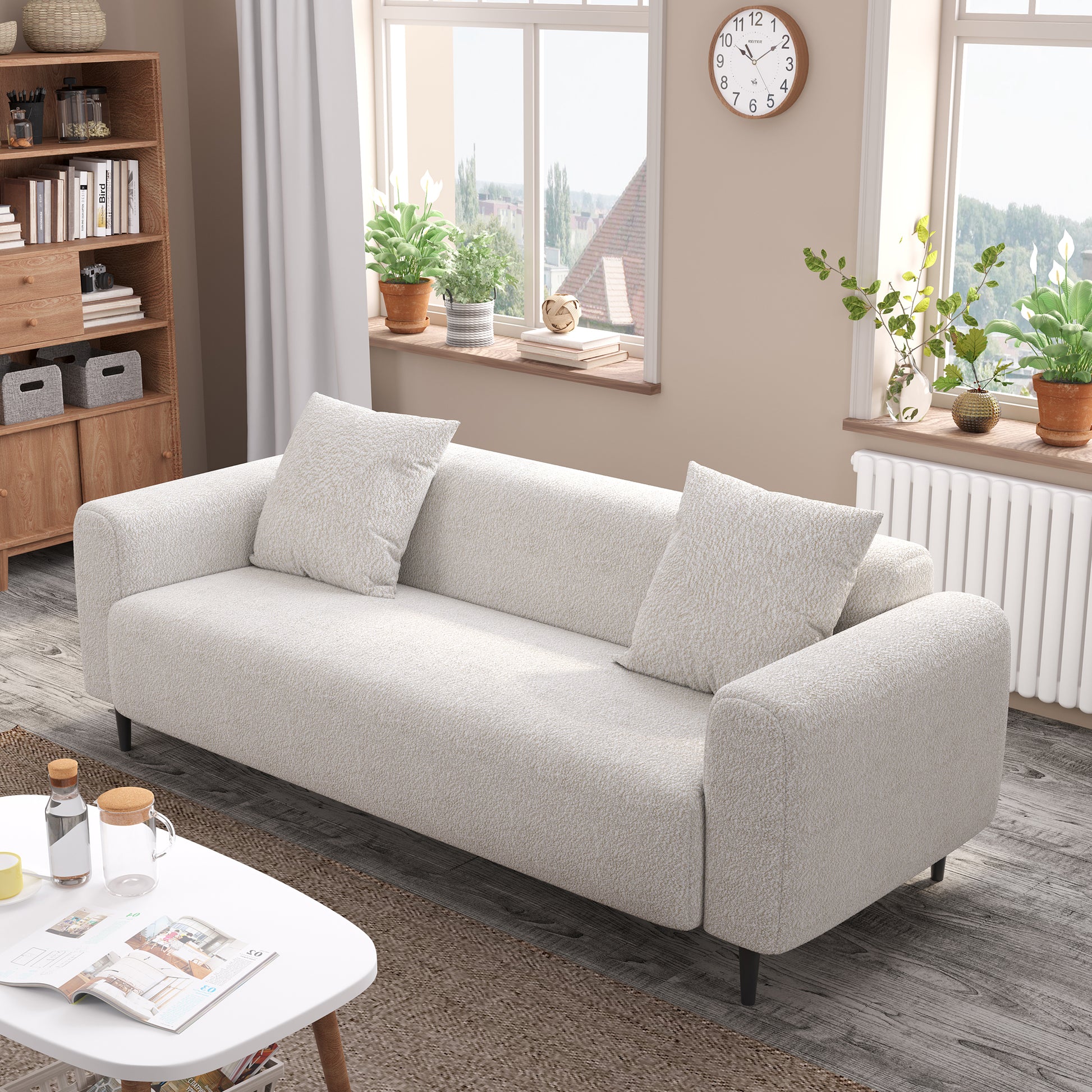77.2 Large Size Two Seat Sofa,Modern Upholstered,White Mohair Granular Velvet White Velvet Primary Living Space Soft Modern Eucalyptus Polyurethane Foam Eucalyptus 2 Seat