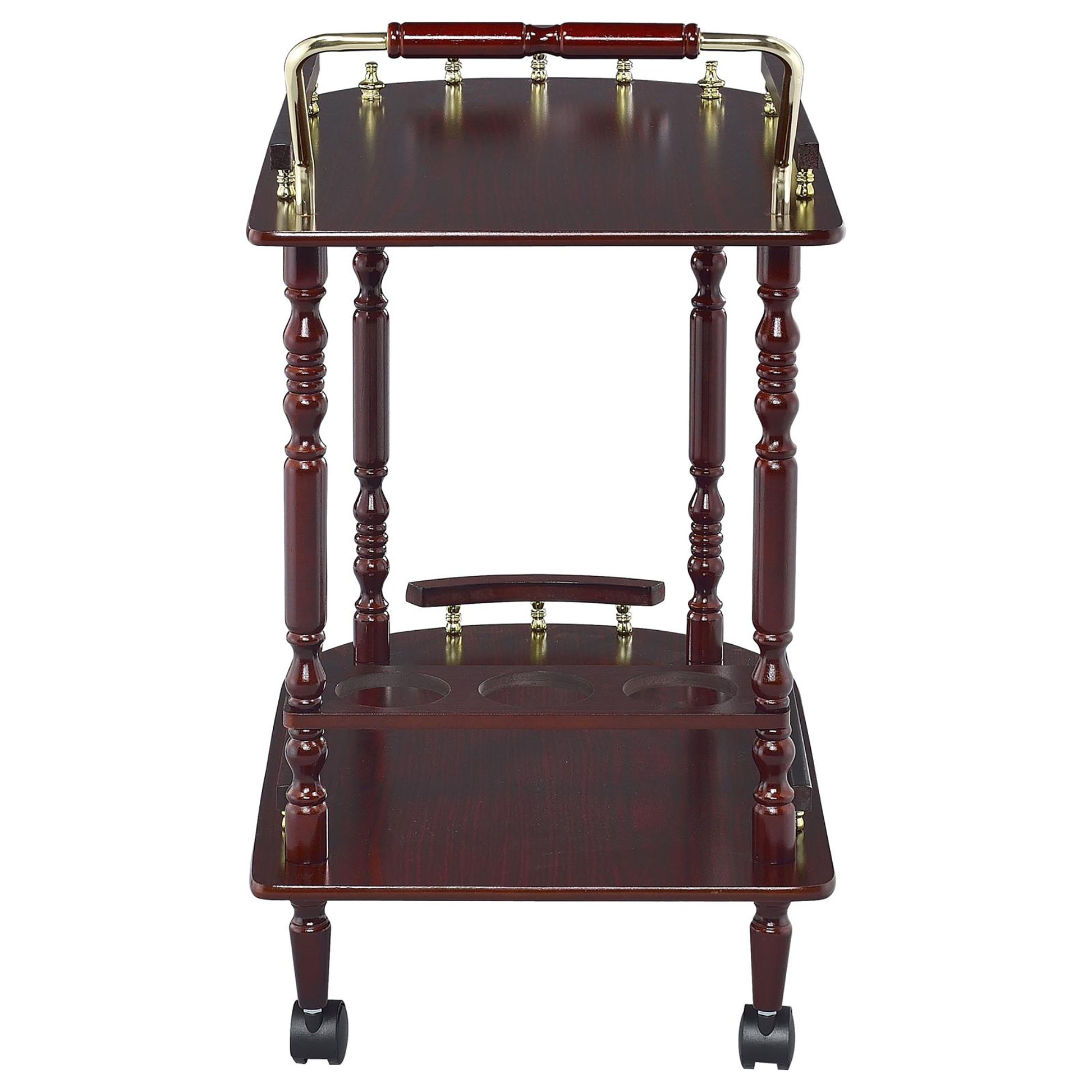 Merlot And Brass 2 Shelf Serving Cart Brown Brown Dining Room Traditional Rectangular Kitchen Carts Rubberwood Wood Metal Small Less Than 40In