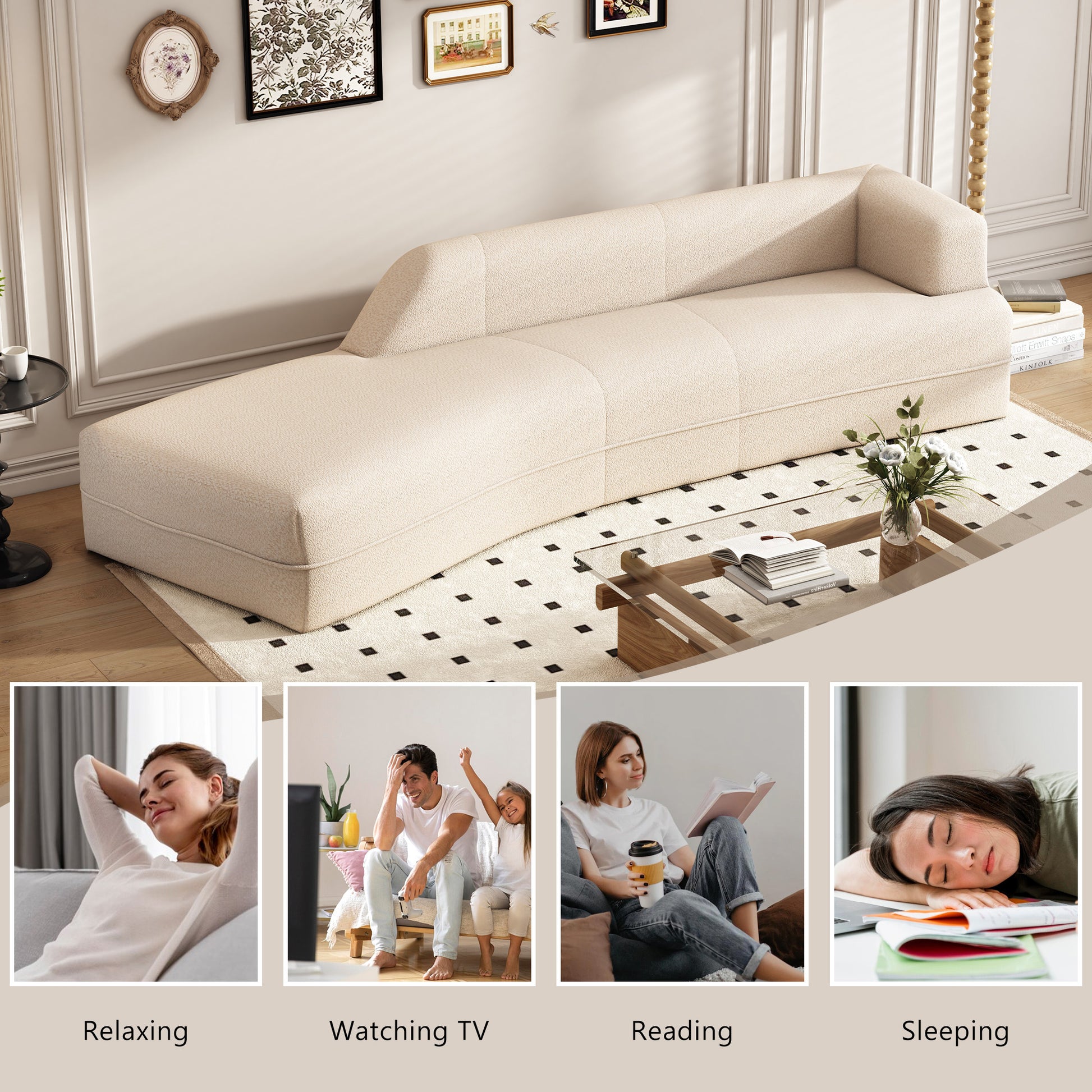 109.4" Curved Chaise Lounge Modern Indoor Sofa Couch For Living Room, Beige Old Sku:Wf313109Aaa Beige Boucle 2 Seat