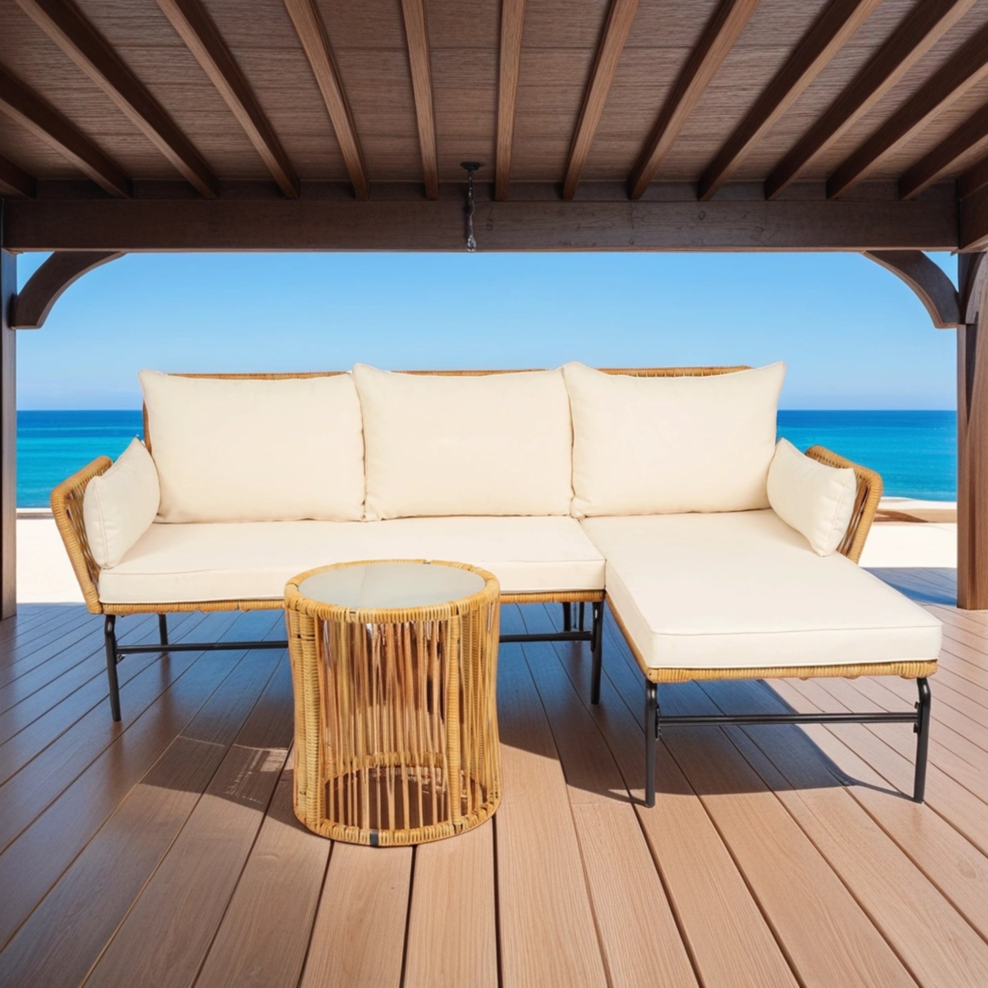 3 Pieces Outdoor Patio Wicker Furniture Sets Table And Chairs With 3.15 Inches Thick Cushion Outdoor Sofa Set Natural Yellow Wicker Creme Cushion Yes Complete Patio Set Light Yellow Rust Resistant Frame Mildew Resistant Cushion Garden & Outdoor Modern