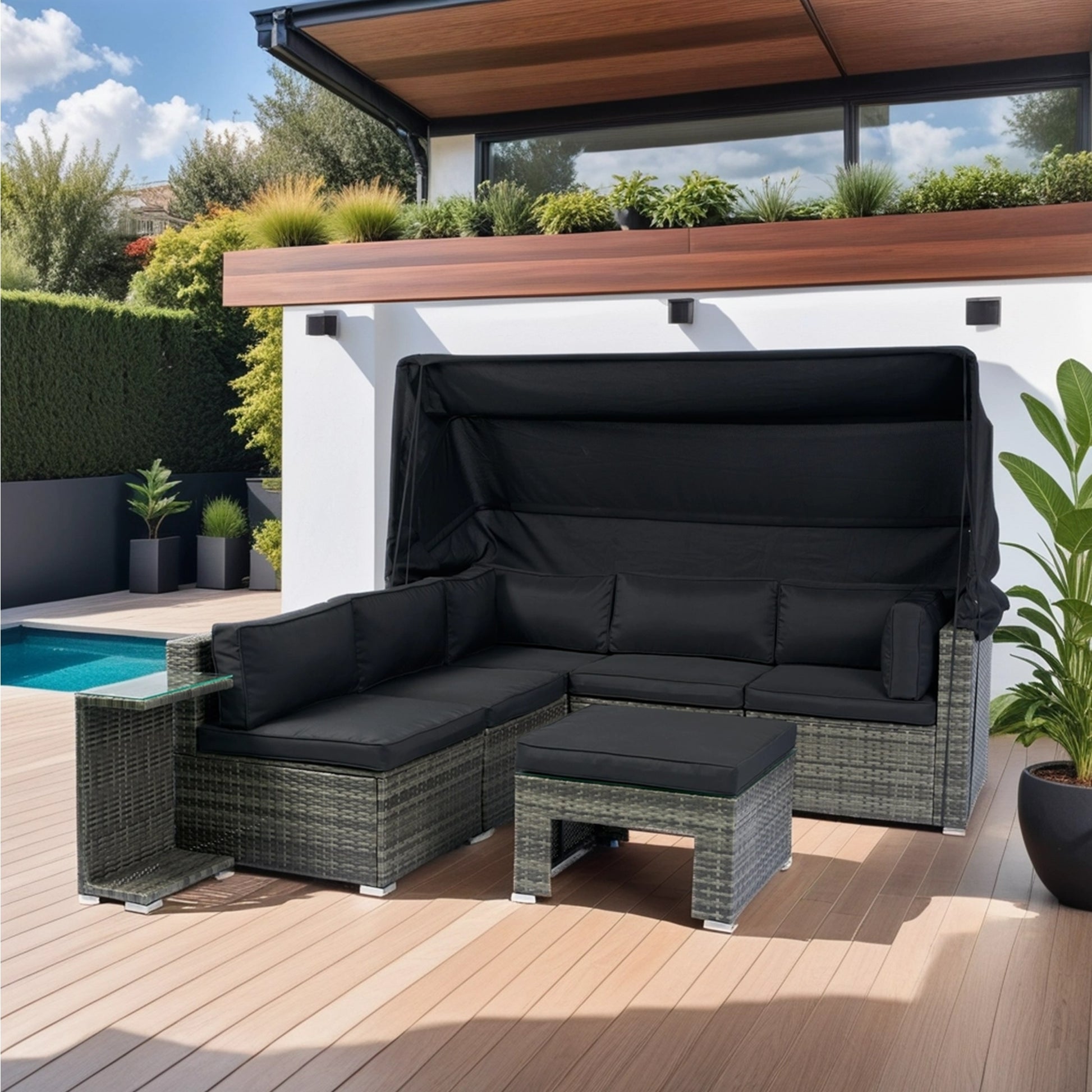 7 Piece Patio Furniture Set W Retractable Canopy Wicker Rattan Sectional Sofa Set Patio Furniture With Washable Cushions For Lawn, Garden, Backyard, Poolside Grey Wicker Black Cushion Yes Complete Patio Set Black Grey Rust Resistant Frame Mildew