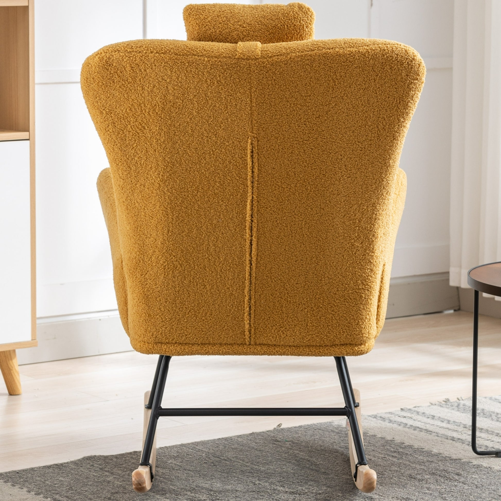 35.5 Inch Rocking Chair With Pocket, Soft Teddy Fabric Rocking Chair For Nursery, Comfy Wingback Glider Rocker With Safe Solid Wood Base For Living Room Bedroom Balcony Turmeric Yellow Casual Foam Teddy