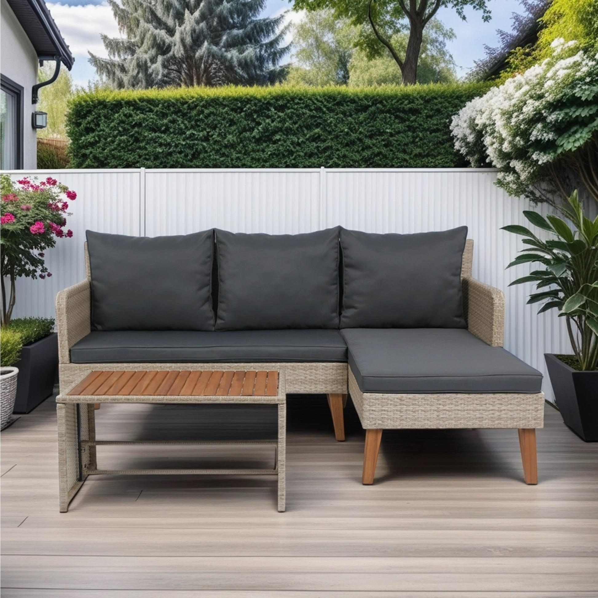 3 Piece Patio Sectional Wicker Rattan Outdoor Furniture Sofa Set Natural Yellow Wicker Dark Grey Cushion Yes Complete Patio Set Dark Grey Rust Resistant Frame Mildew Resistant Cushion Garden & Outdoor Modern Complete Patio Sets Fiber Foam Pads Pe Rattan