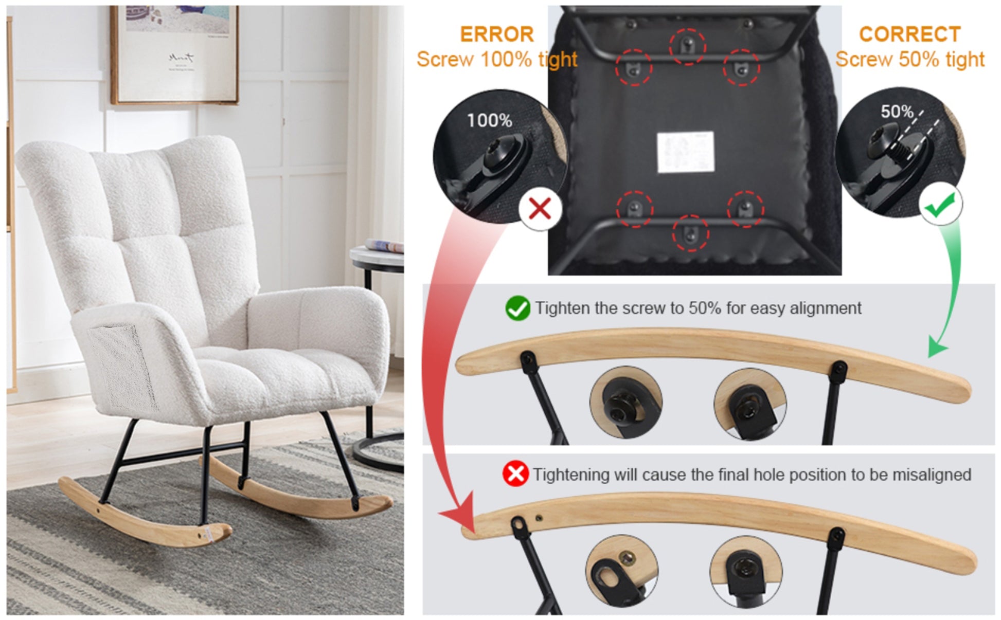 Rocking Chair With Pocket, Soft Teddy Fabric Rocking Chair For Nursery, Comfy Wingback Glider Rocker With Safe Solid Wood Base For Living Room Bedroom Balcony White White Casual Foam Teddy