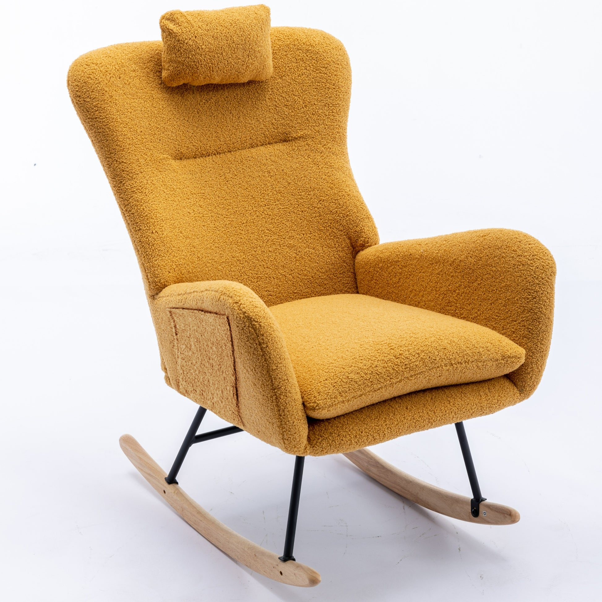 35.5 Inch Rocking Chair With Pocket, Soft Teddy Fabric Rocking Chair For Nursery, Comfy Wingback Glider Rocker With Safe Solid Wood Base For Living Room Bedroom Balcony Turmeric Yellow Casual Foam Teddy