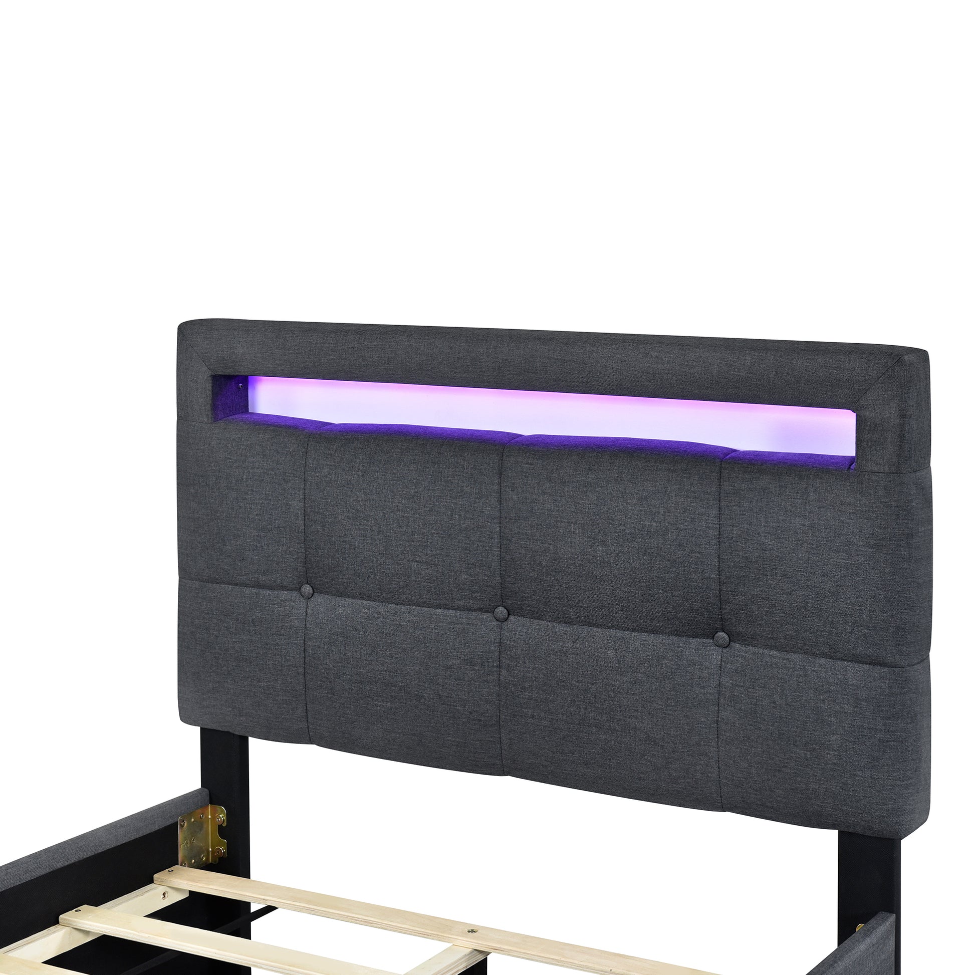 Twin Size Upholstered Platform Bed With Led Frame And 2 Drawers, Linen Fabric, Gray Gray Linen
