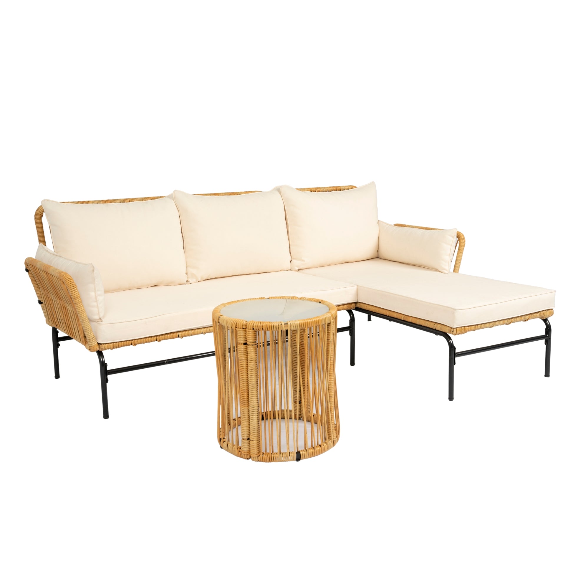 3 Pieces Outdoor Patio Wicker Furniture Sets Table And Chairs With 3.15 Inches Thick Cushion Outdoor Sofa Set Natural Yellow Wicker Creme Cushion Yes Complete Patio Set Light Yellow Rust Resistant Frame Mildew Resistant Cushion Garden & Outdoor Modern