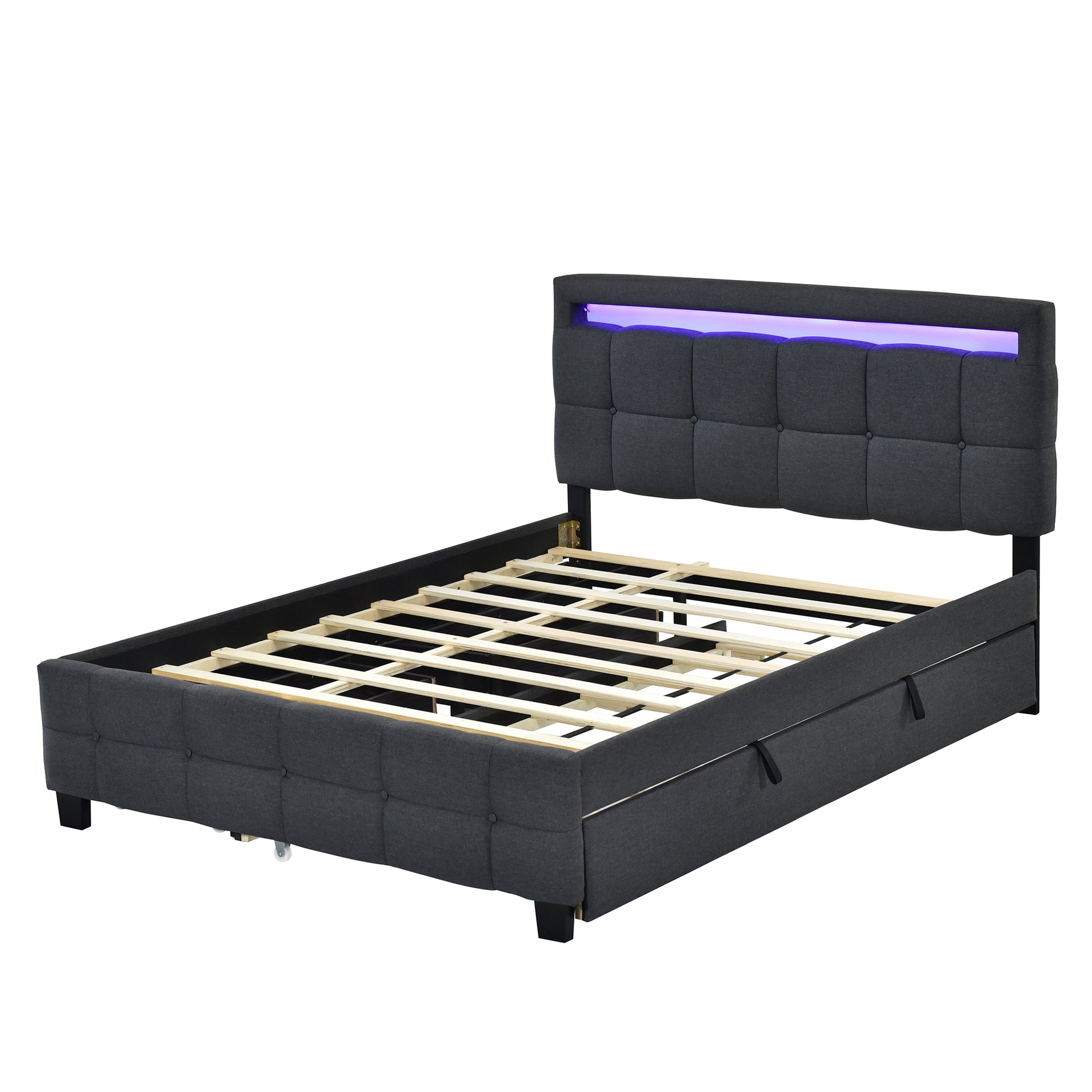Queen Size Upholstered Platform Bed With Led Frame, With Twin Xl Size Trundle And 2 Drawers, Linen Fabric, Gray Gray Linen