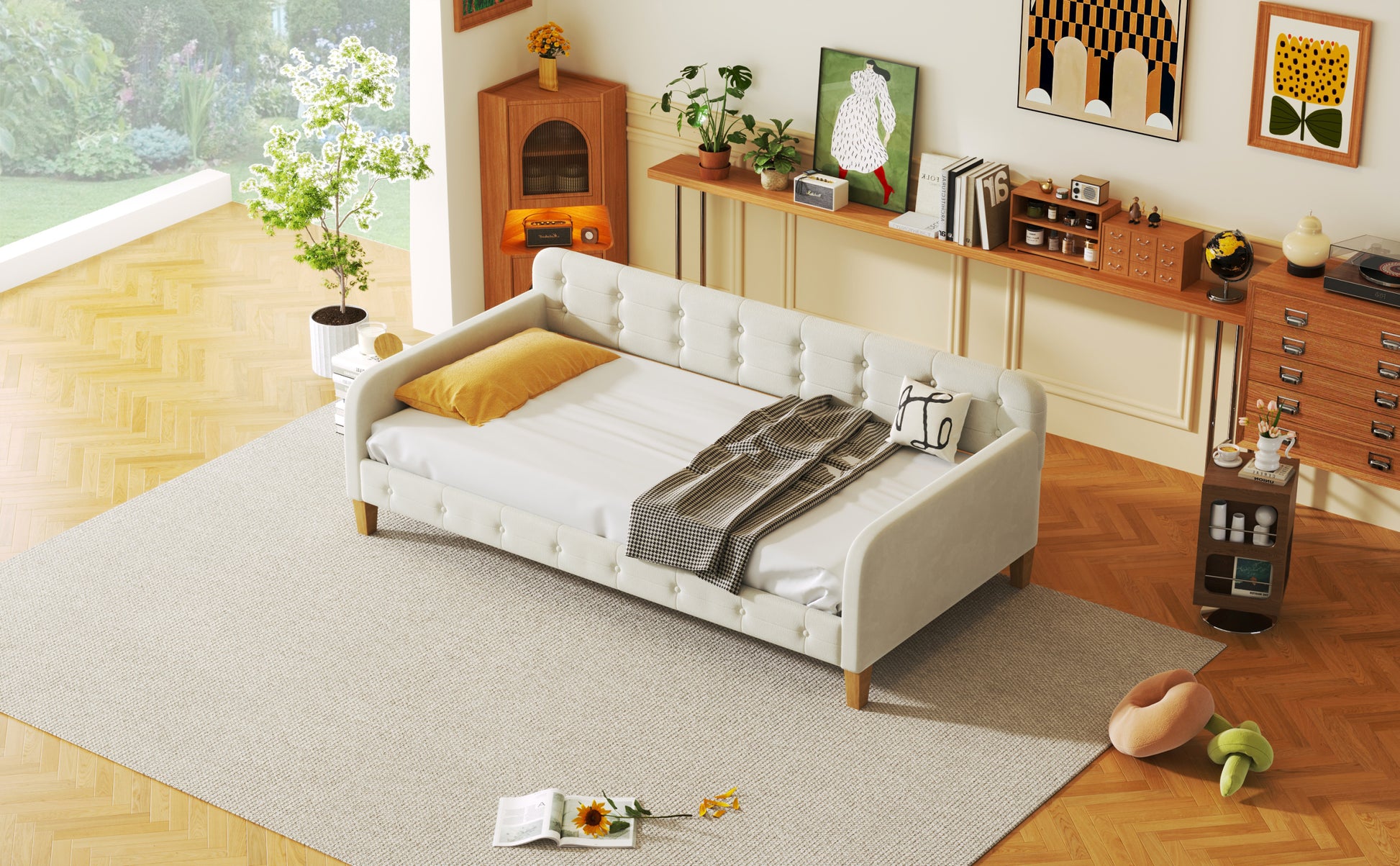 Twin Size Upholstered Daybed With 4 Support Legs, White Twin White Upholstered