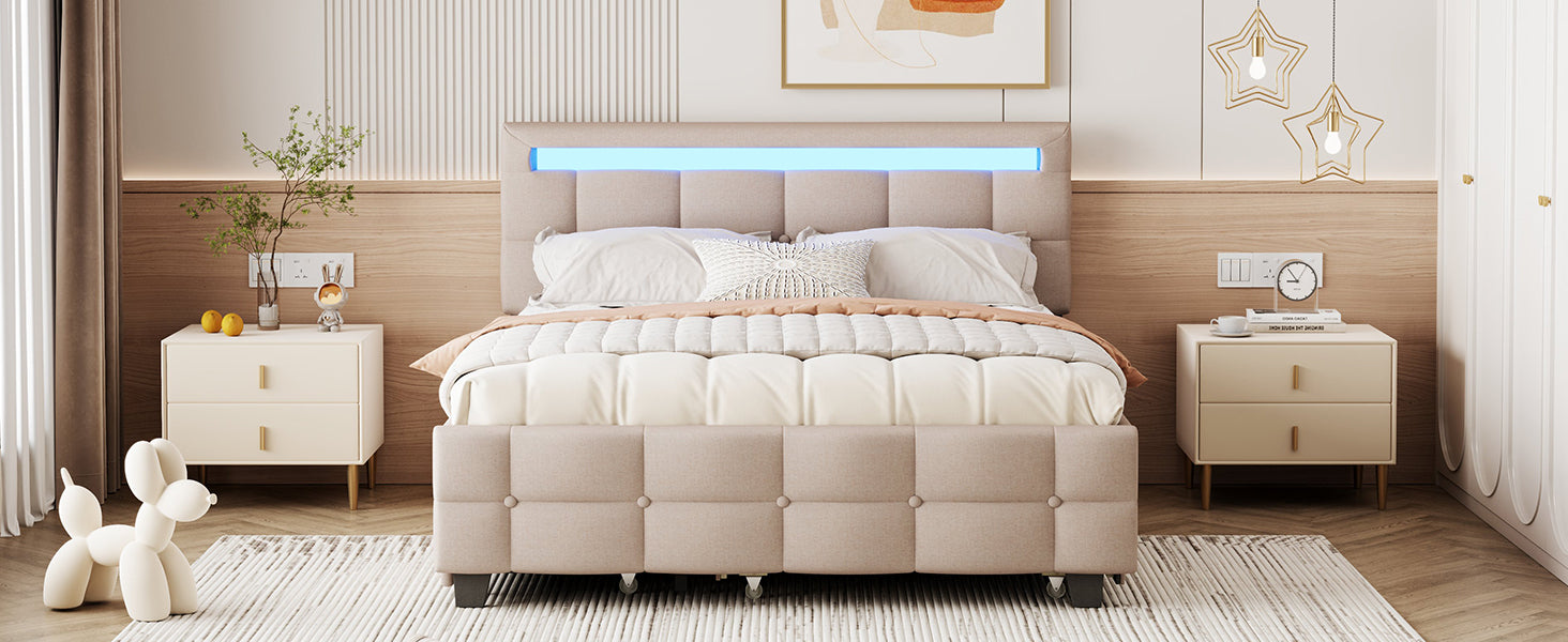 Queen Size Upholstered Platform Bed With Led Frame, With Twin Xl Size Trundle And 2 Drawers, Linen Fabric, Beige Beige Linen
