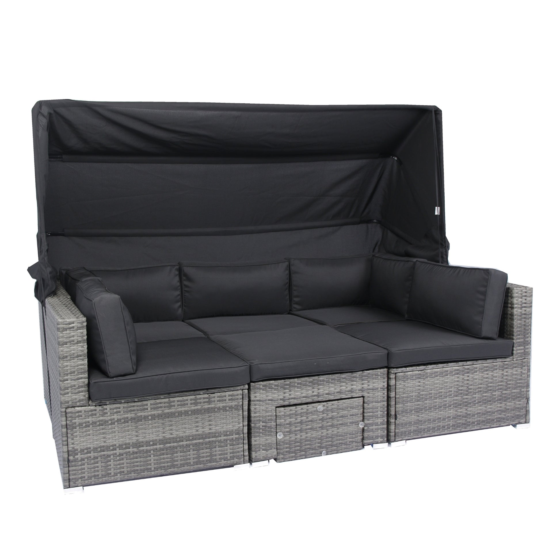 7 Piece Patio Furniture Set W Retractable Canopy Wicker Rattan Sectional Sofa Set Patio Furniture With Washable Cushions For Lawn, Garden, Backyard, Poolside Grey Wicker Black Cushion Yes Complete Patio Set Black Grey Rust Resistant Frame Mildew