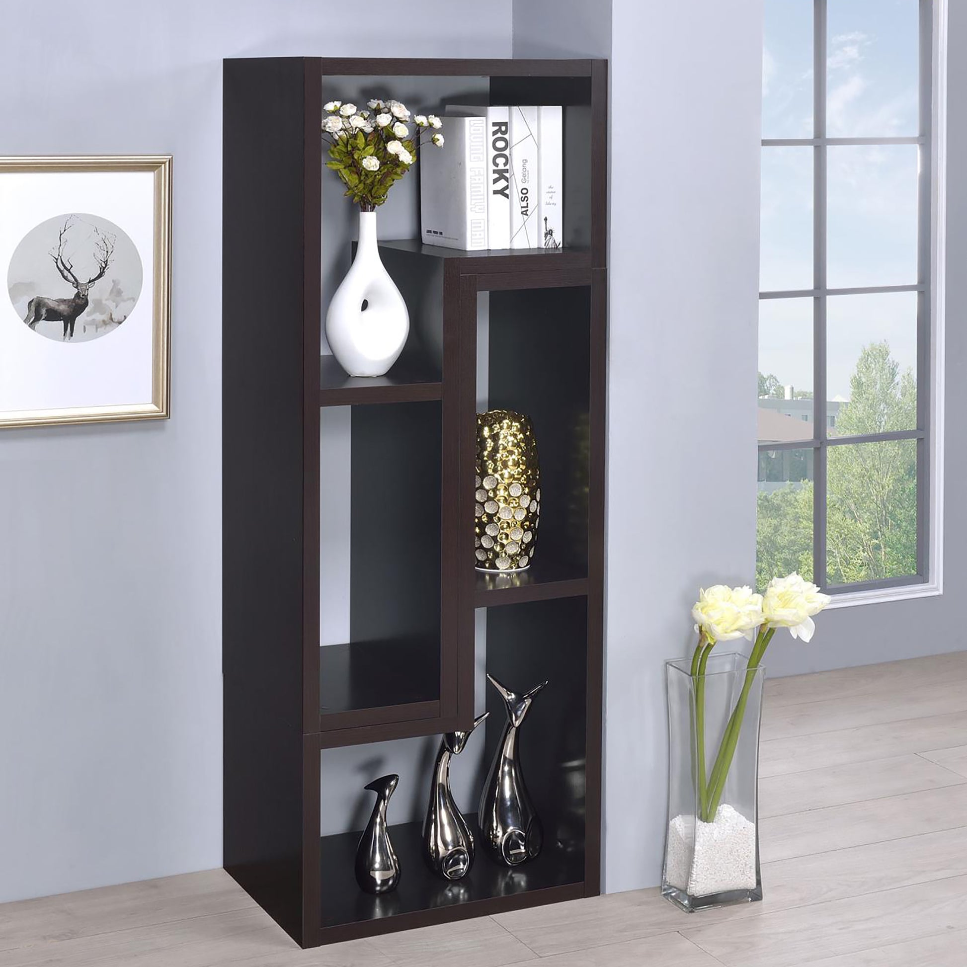 Cappuccino Convertable Bookcase 5 Cappuccino Brown Geometric Vertical Office Open Back Wood Transitional Wood