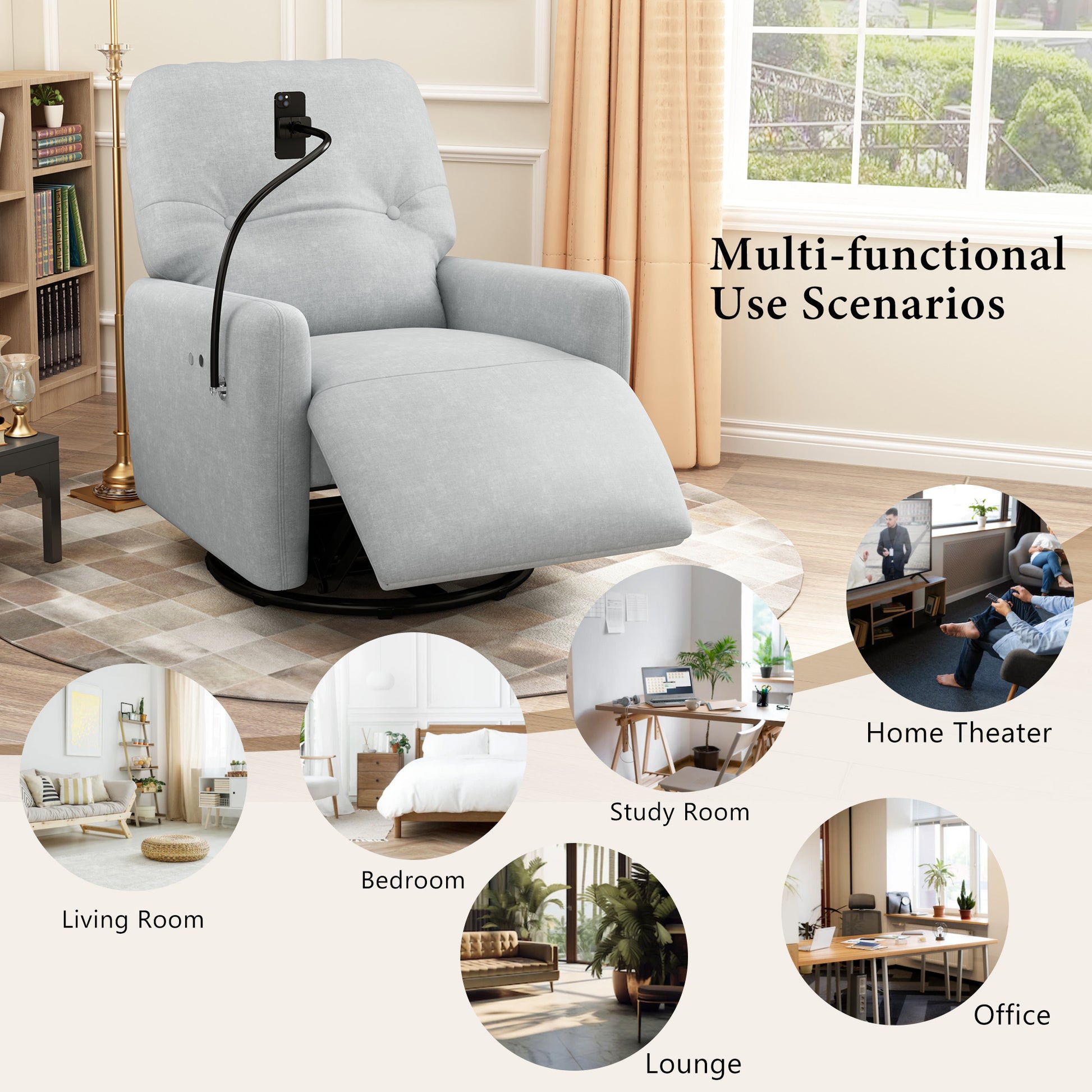 270 Degree Swivel Electric Recliner Home Theater Seating Single Reclining Sofa Rocking Motion Recliner With A Phone Holder For Living Room, Grey Grey Foam Polyester