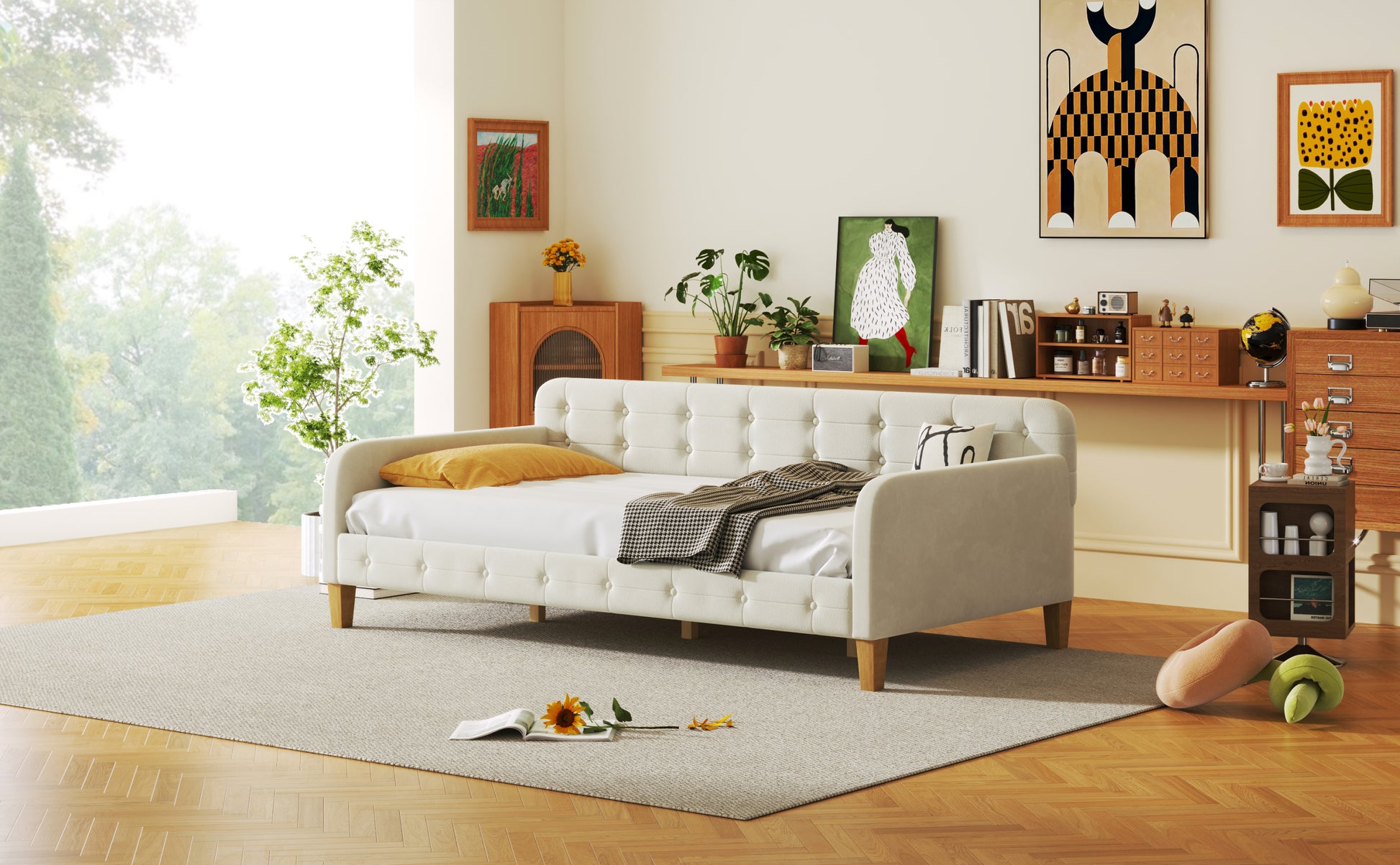 Twin Size Upholstered Daybed With 4 Support Legs, White Twin White Upholstered