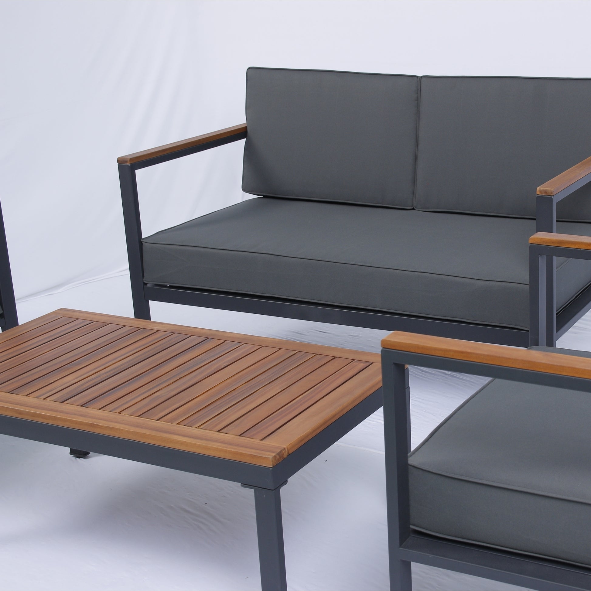 4 Piece Outdoor Sofa Set With Acacia Wood Top, Padded Patio Conversation Table Chair Set W Coffee Table For Garden, Backyard, Poolside Dark Grey Cushion Yes Complete Patio Set Dark Grey Rust Resistant Frame Mildew Resistant Cushion Garden & Outdoor