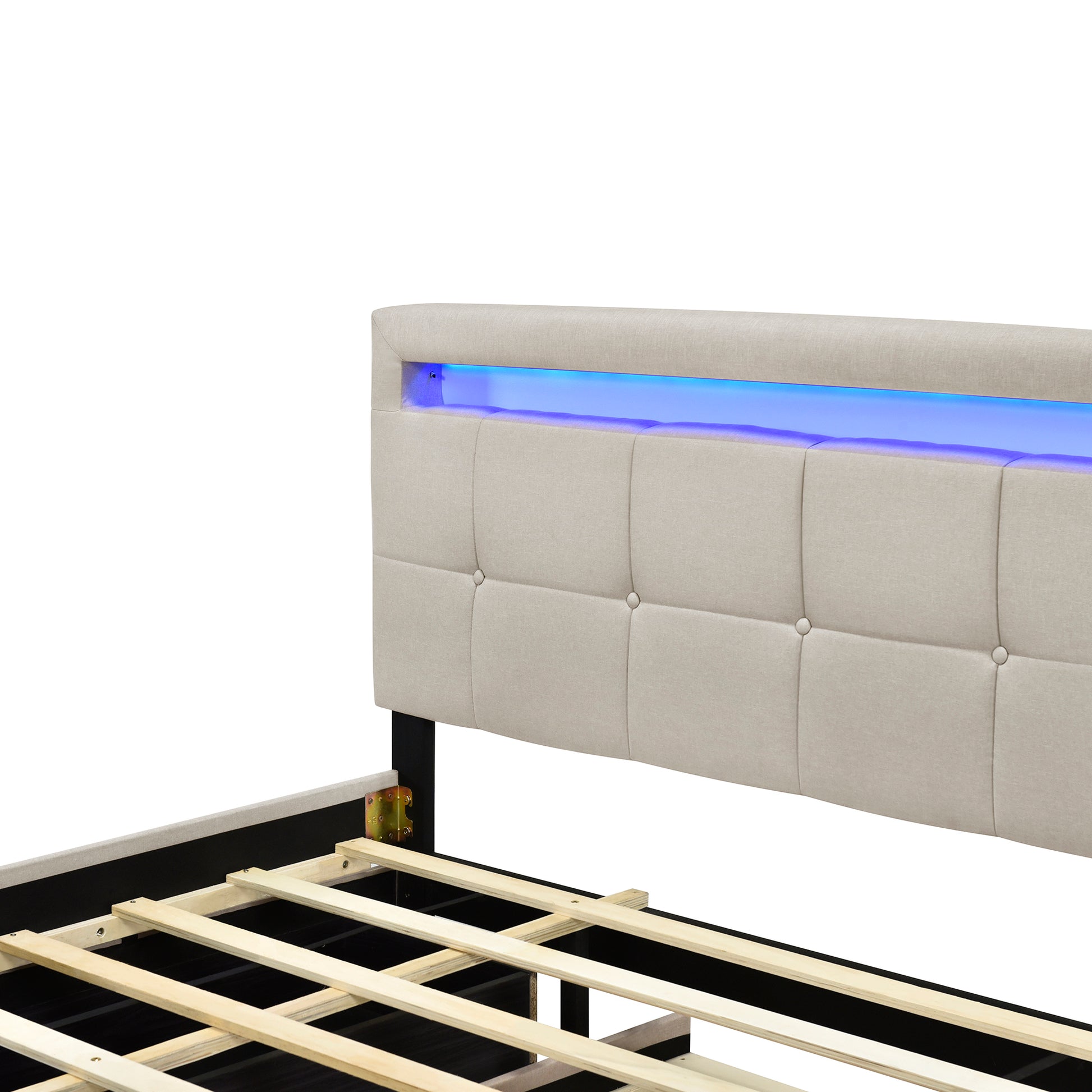 Queen Size Upholstered Platform Bed With Led Frame, With Twin Xl Size Trundle And 2 Drawers, Linen Fabric, Beige Beige Linen