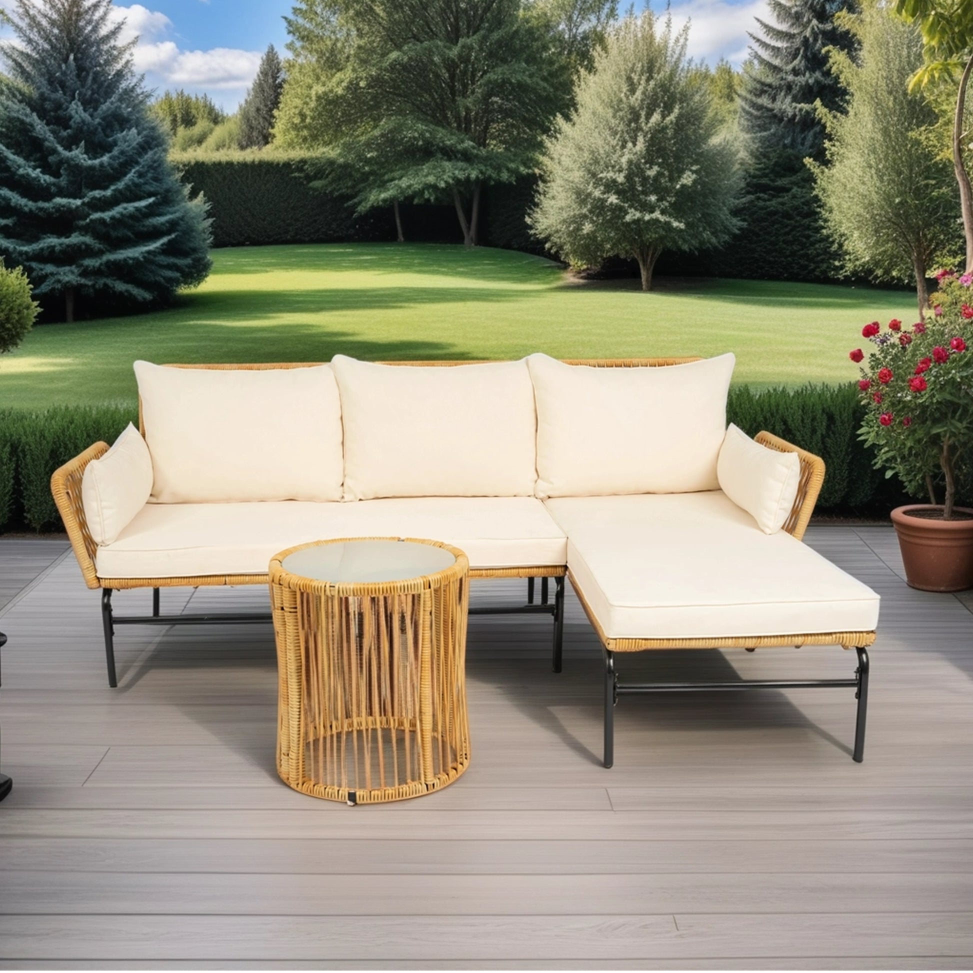 3 Pieces Outdoor Patio Wicker Furniture Sets Table And Chairs With 3.15 Inches Thick Cushion Outdoor Sofa Set Natural Yellow Wicker Creme Cushion Yes Complete Patio Set Light Yellow Rust Resistant Frame Mildew Resistant Cushion Garden & Outdoor Modern