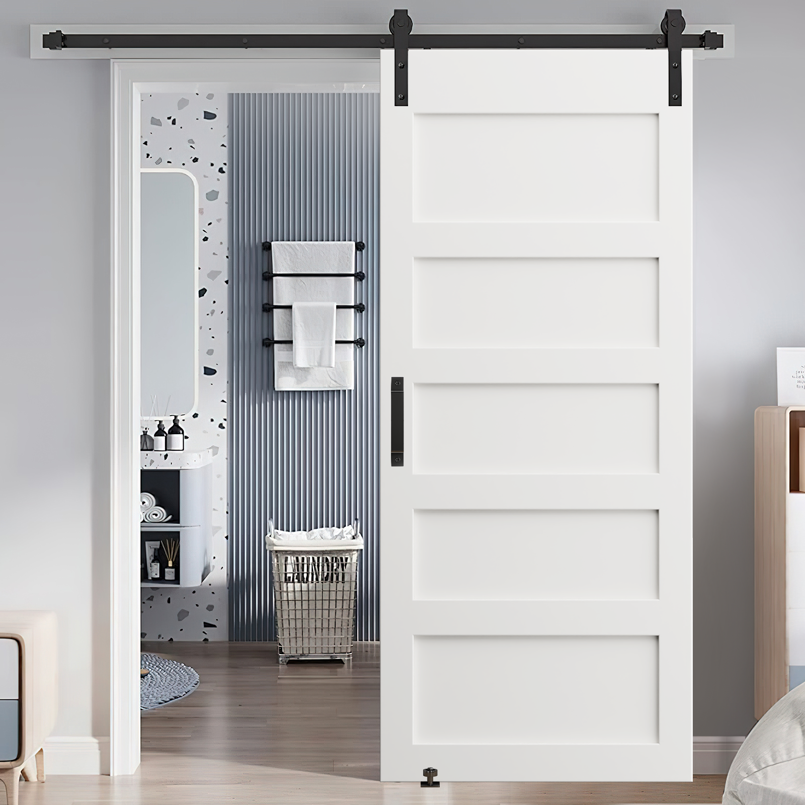 32" X 84" Five Grid Real Primed Door Slab, Diy Panel Door, Modern Interior Barn Door, Water Proof, Anti Deformation, Pre Drilled Ready To Assemble, Suitable For Pre Hung Door And Barn Door White Mdf