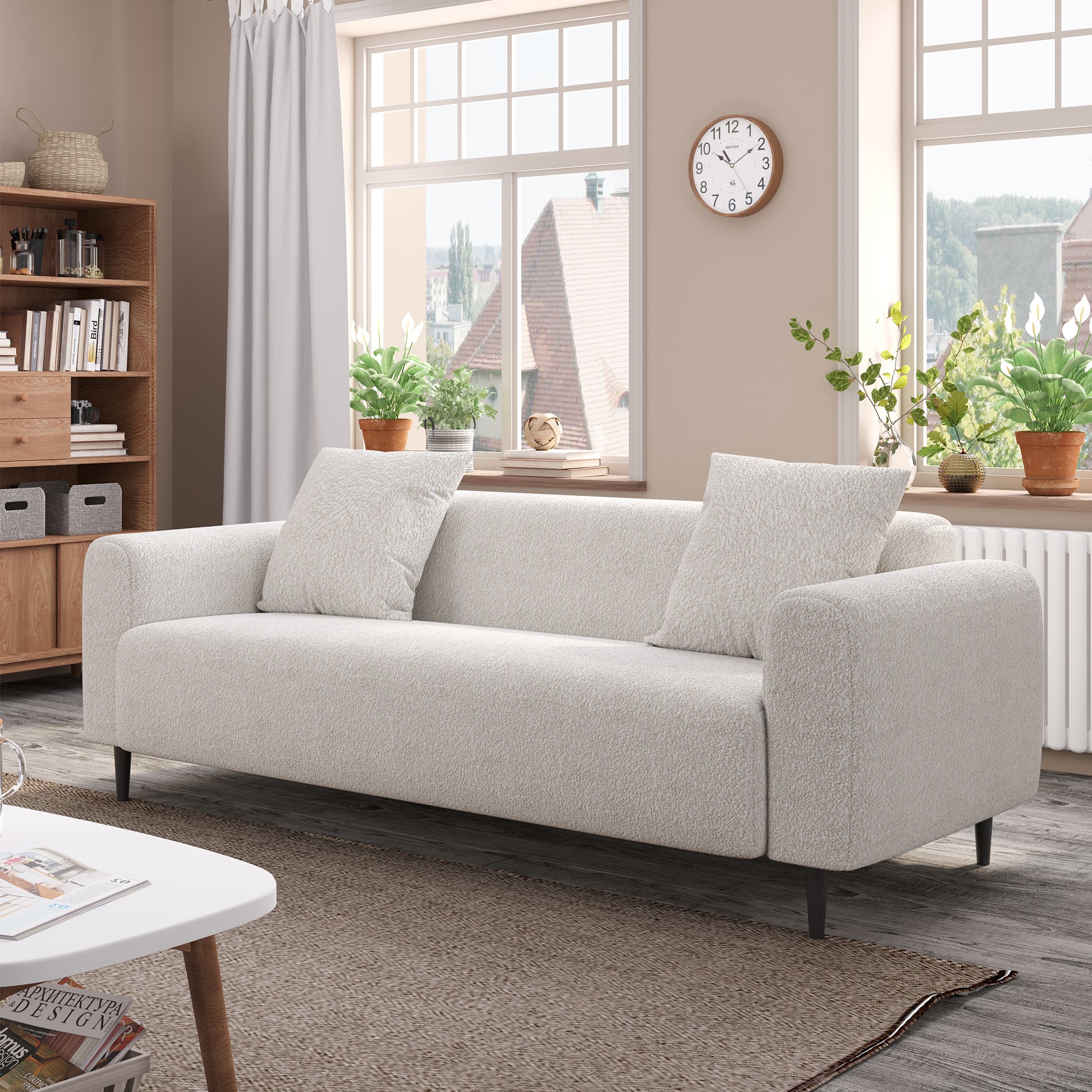 77.2 Large Size Two Seat Sofa,Modern Upholstered,White Mohair Granular Velvet White Velvet Primary Living Space Soft Modern Eucalyptus Polyurethane Foam Eucalyptus 2 Seat