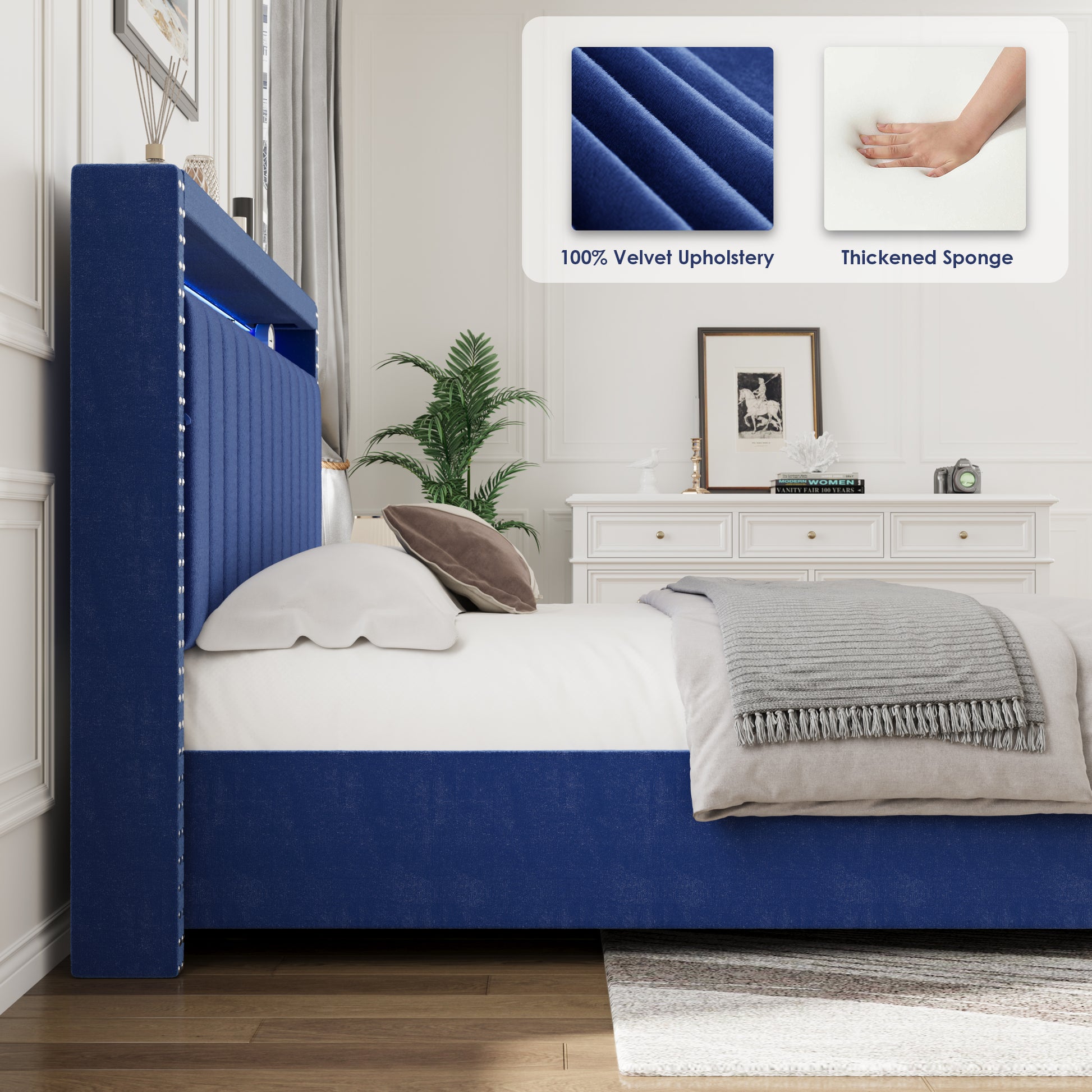 Luxury Gas Lift Storage Bed With Rf Led Lights, Storage Headboard ,Full Size ,Velvet Blue Box Spring Not Required Full Blue Wood Brown Bedroom American Design Poplar Slat Beds Polyurethane Foam