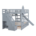 Full Over Full Castle Style Bunk Bed With 2 Drawers 3 Shelves And Slide Gray Gray Solid Wood