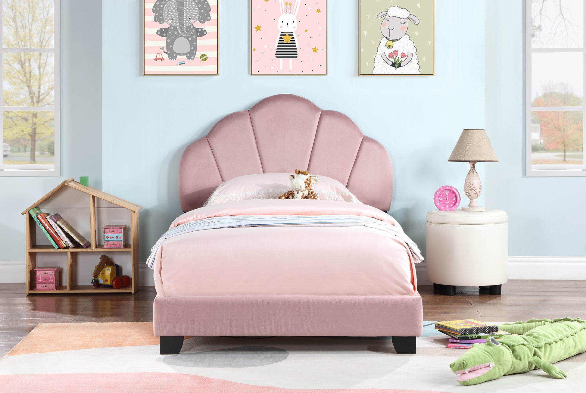 Upholstered Twin Size Platform Bed For Kids, Wooden Bed Frame With Slatted Bed Base, No Box Spring Needed, Cute Bed Frame With Shell Design Headboard For Girls Boys Teens, Pink Box Spring Not Required Twin Pink Wood Kids Velvet Acacia Wood