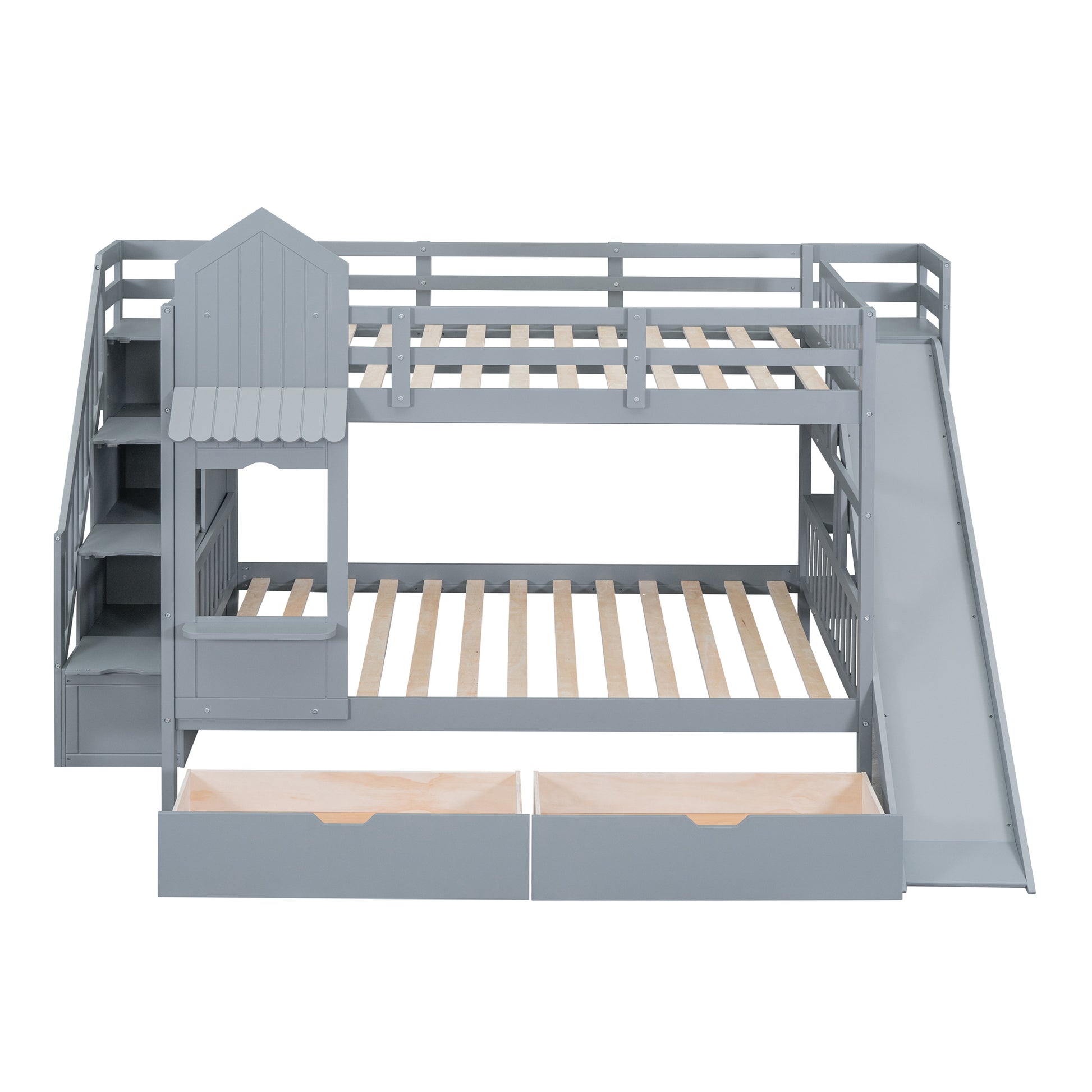 Full Over Full Castle Style Bunk Bed With 2 Drawers 3 Shelves And Slide Gray Gray Solid Wood