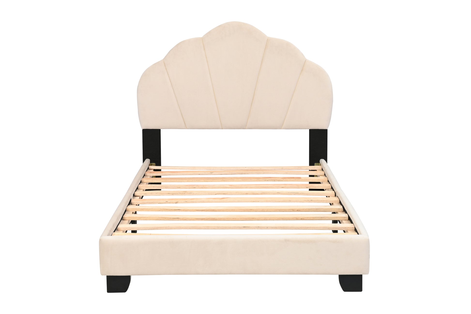 Upholstered Twin Size Platform Bed For Kids, Wooden Bed Frame With Slatted Bed Base, No Box Spring Needed, Cute Bed Frame With Shell Design Headboard For Girls Boys Teens, Beige Box Spring Not Required Twin Beige Wood Kids Velvet Acacia Wood