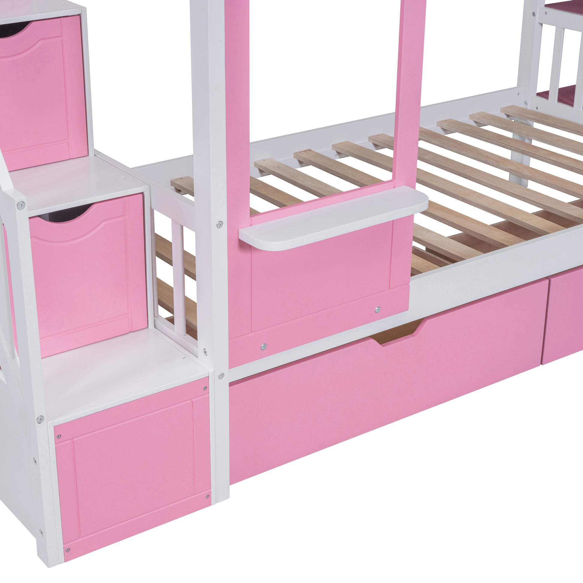 Twin Over Twin Castle Style Bunk Bed With 2 Drawers 3 Shelves And Slide Pink Pink Solid Wood