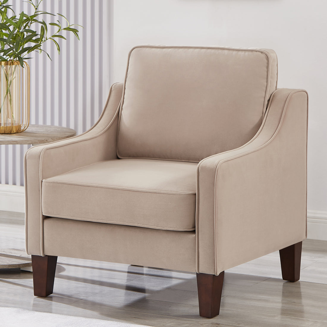 Modern Armchair, Living Room Single Seat Sofa Chair With Wooden Legs, Upholstered Velvet Accent Chair For Living Room, Bedroom,Taupe Taupe Espresso Velvet Wood Primary Living Space Medium Soft Cushion Back American Design Rubberwood Square Arms Foam