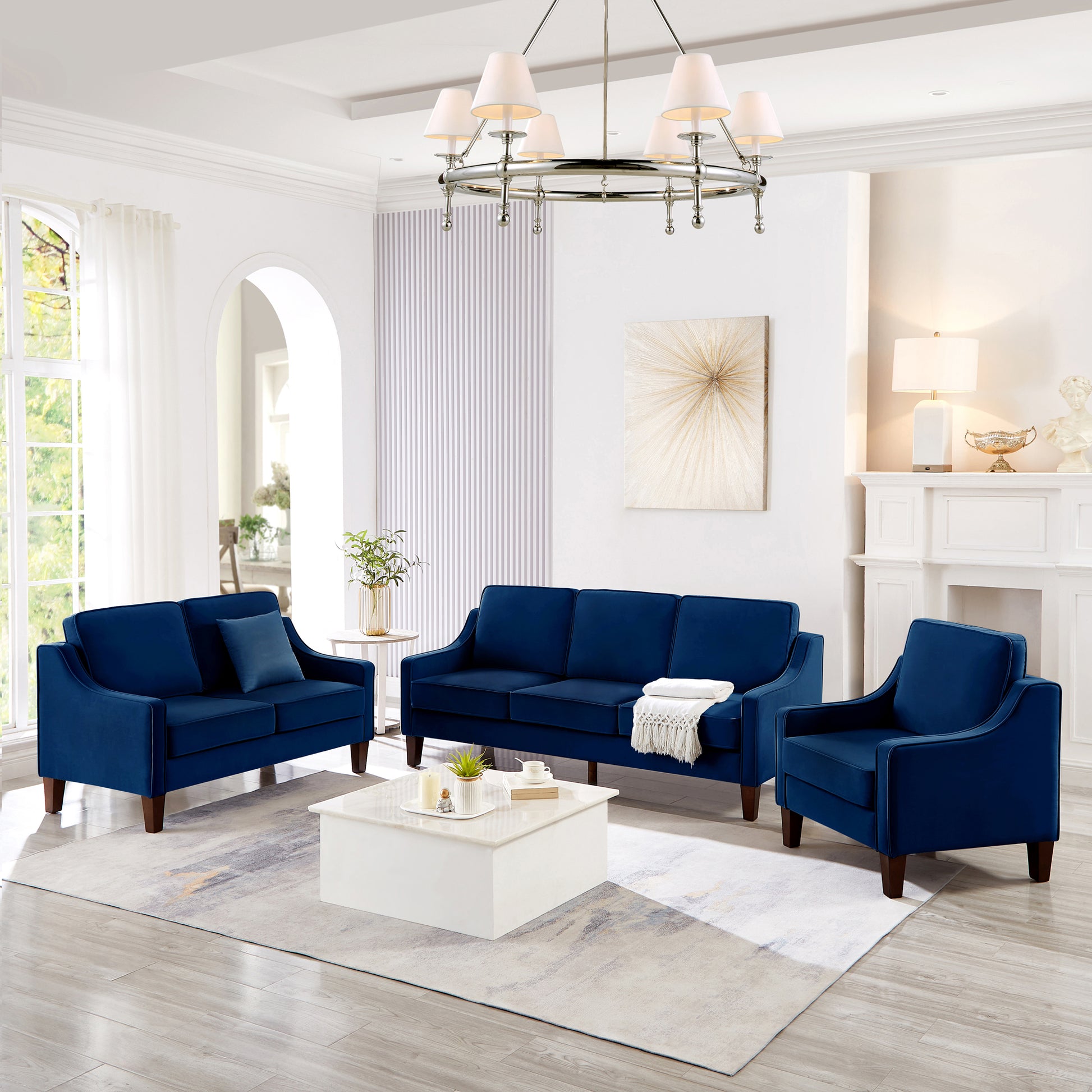 Modern 3 Person Seat Sofa Couch With Scooped Armrest Wood Legs,Upholstered Velvet 3 Seat Sofa With Removable Cushions For Livingrooom Bedroom,Navy Navy Espresso Velvet Wood Primary Living Space Medium Soft Cushion Back American Design Rubberwood Square