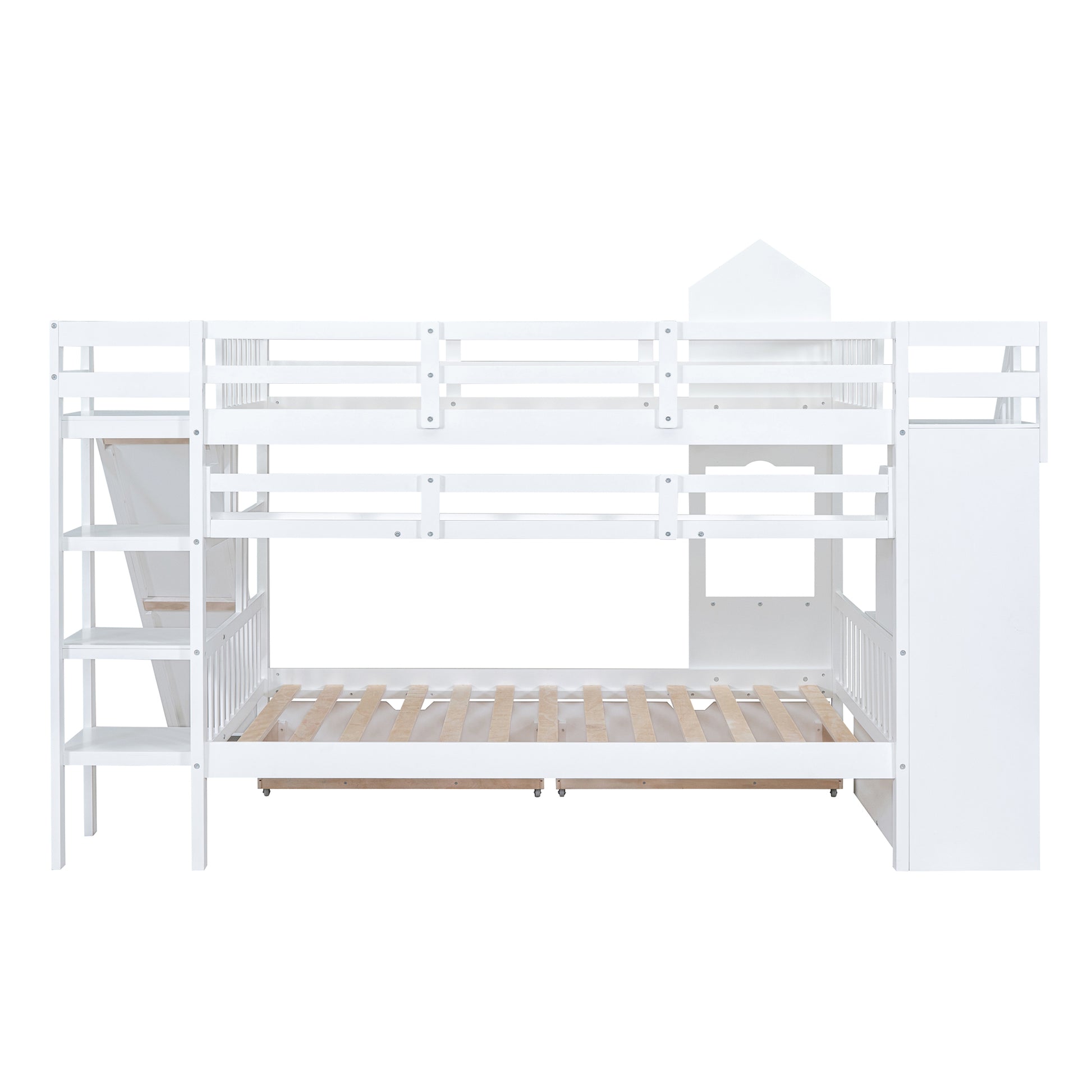 Full Over Full Castle Style Bunk Bed With 2 Drawers 3 Shelves And Slide White White Solid Wood