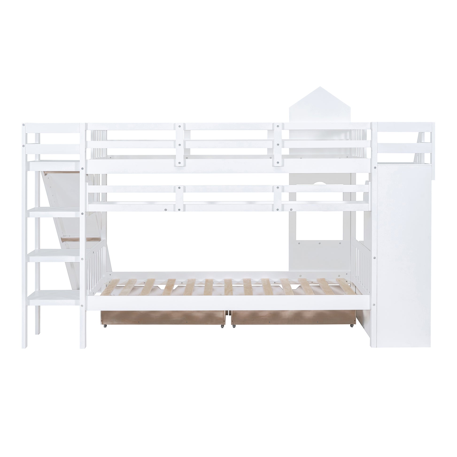 Twin Over Twin Castle Style Bunk Bed With 2 Drawers 3 Shelves And Slide White White Solid Wood