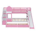 Twin Over Twin Castle Style Bunk Bed With 2 Drawers 3 Shelves And Slide Pink Pink Solid Wood