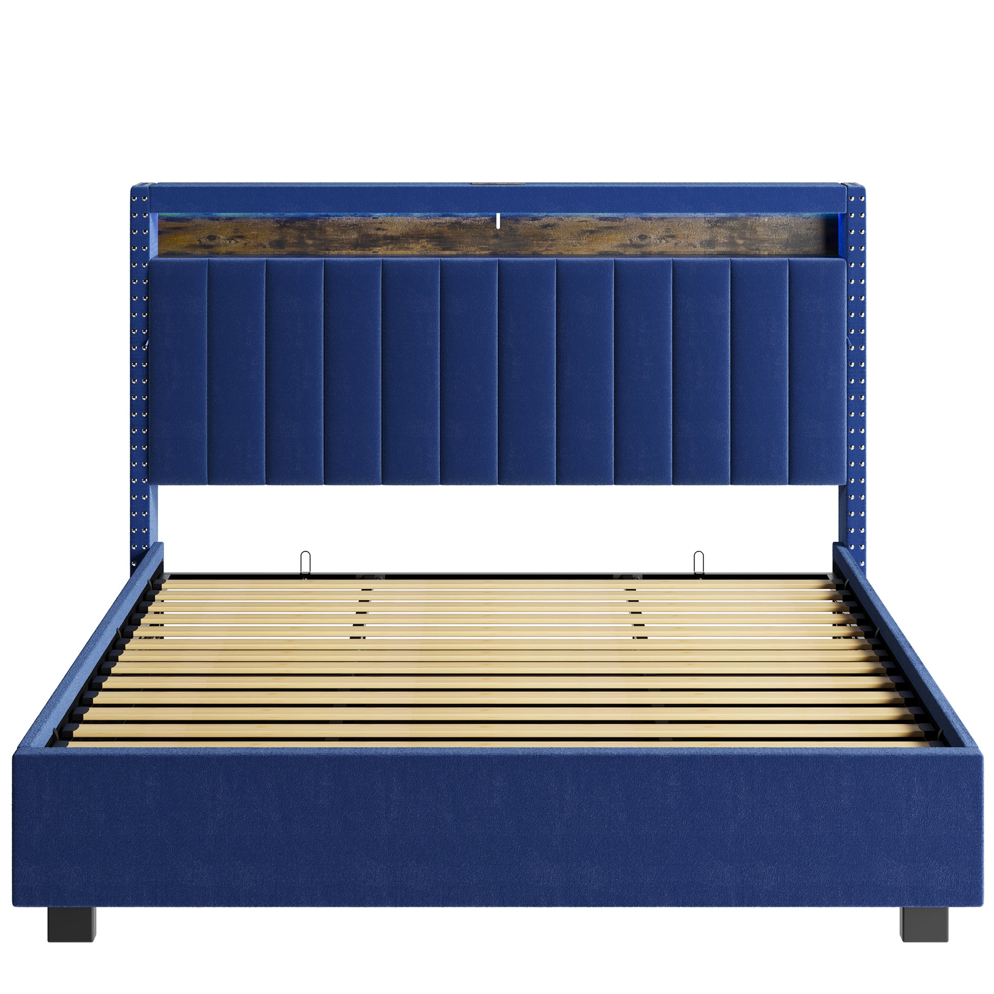 Luxury Gas Lift Storage Bed With Rf Led Lights, Storage Headboard ,Full Size ,Velvet Blue Box Spring Not Required Full Blue Wood Brown Bedroom American Design Poplar Slat Beds Polyurethane Foam