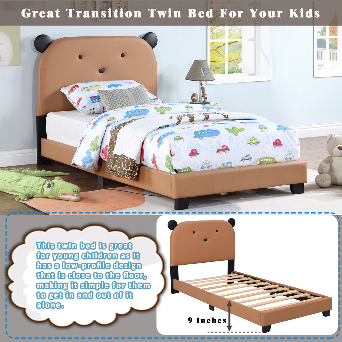 Upholstered Twin Size Platform Bed For Kids, Wooden Bed Frame With Slatted Bed Base, No Box Spring Needed, Cute Bed Frame With Bear Design Headboard For Girls Boys Teens, Brown Box Spring Not Required Twin Brown Wood Kids Faux Leather Acacia Wood