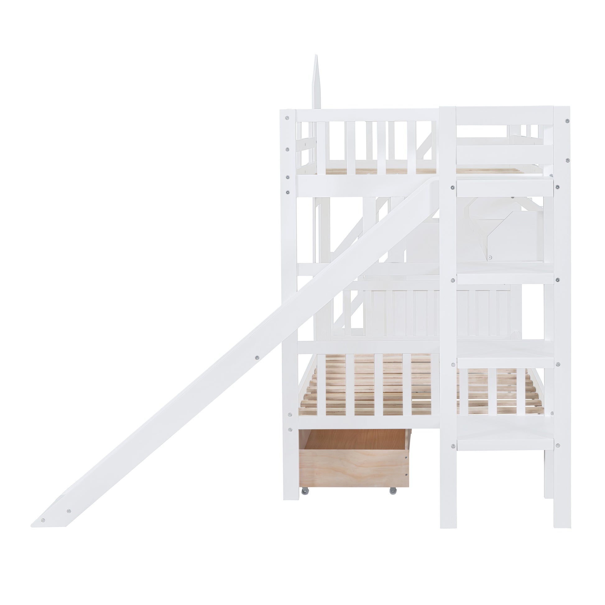 Twin Over Twin Castle Style Bunk Bed With 2 Drawers 3 Shelves And Slide White White Solid Wood