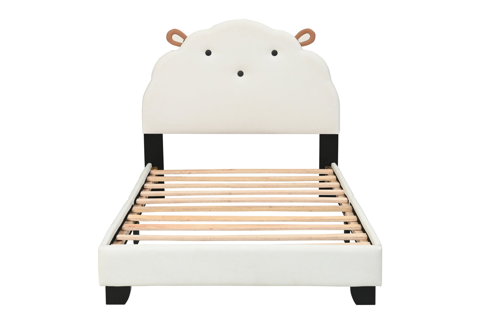 Upholstered Twin Size Platform Bed For Kids, Wooden Bed Frame With Slatted Bed Base, No Box Spring Needed, Cute Bed Frame With Sheep Design Headboard For Girls Boys Teens, White Box Spring Not Required Twin White Wood Kids Faux Leather Acacia Wood