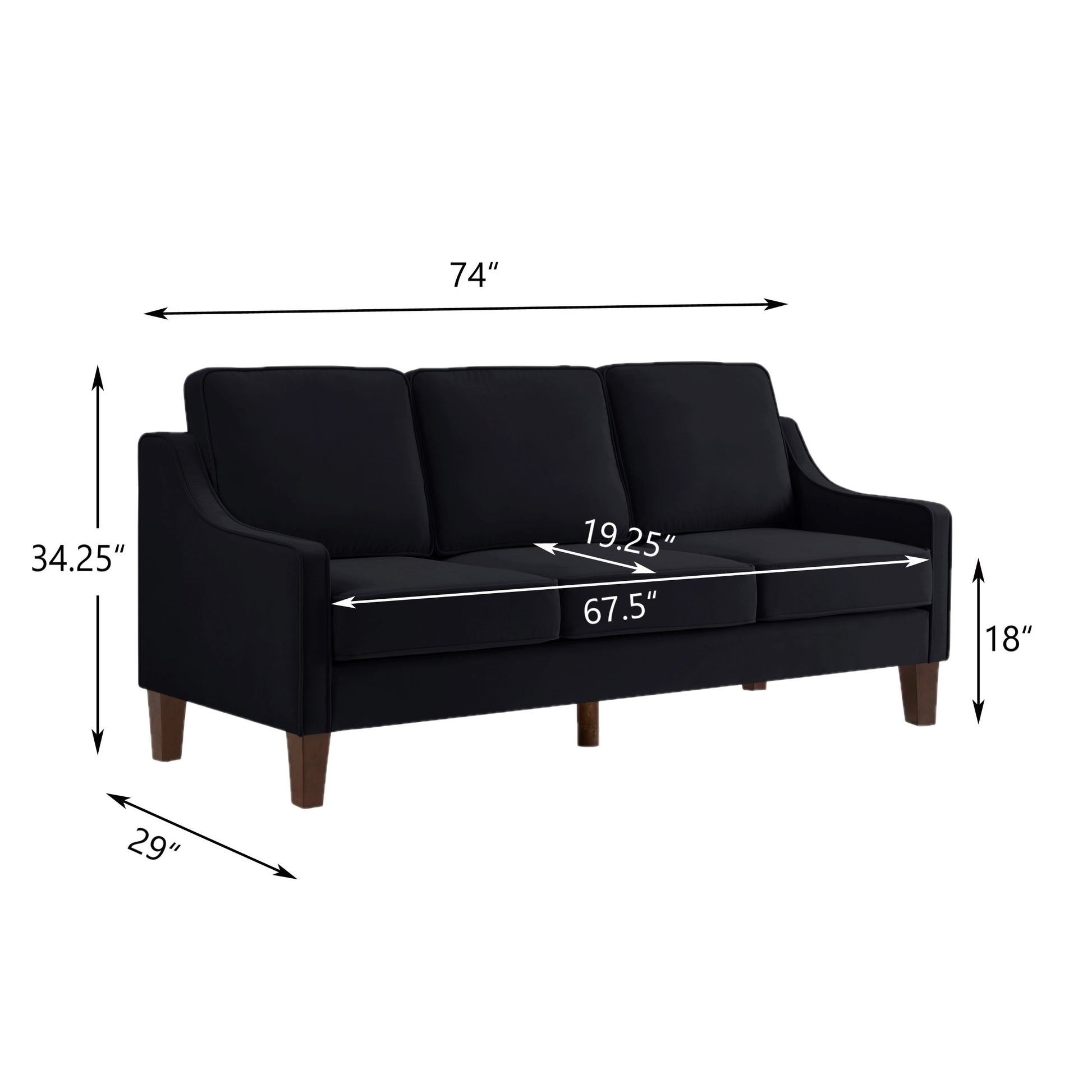Modern 3 Person Seat Sofa Couch With Scooped Armrest Wood Legs,Upholstered Velvet 3 Seat Sofa With Removable Cushions For Livingroom Bedroom,Black Black Espresso Velvet Wood Primary Living Space Medium Soft Cushion Back American Design Rubberwood Square