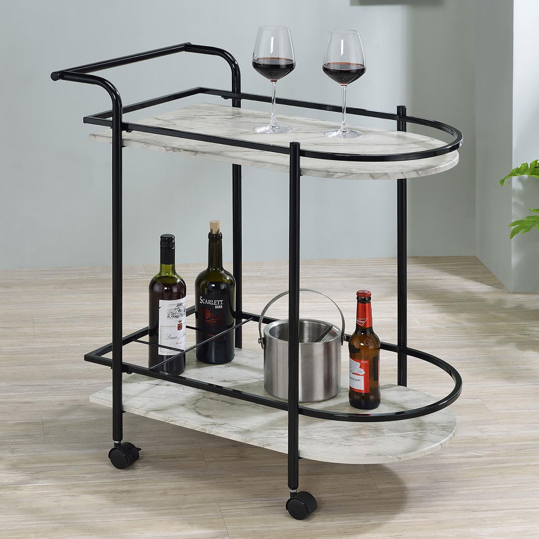 Black And Faux White Marble Serving Cart With Wine Rack Black Gray Dining Room Contemporary,Modern Kitchen Carts Metal Small Less Than 40In