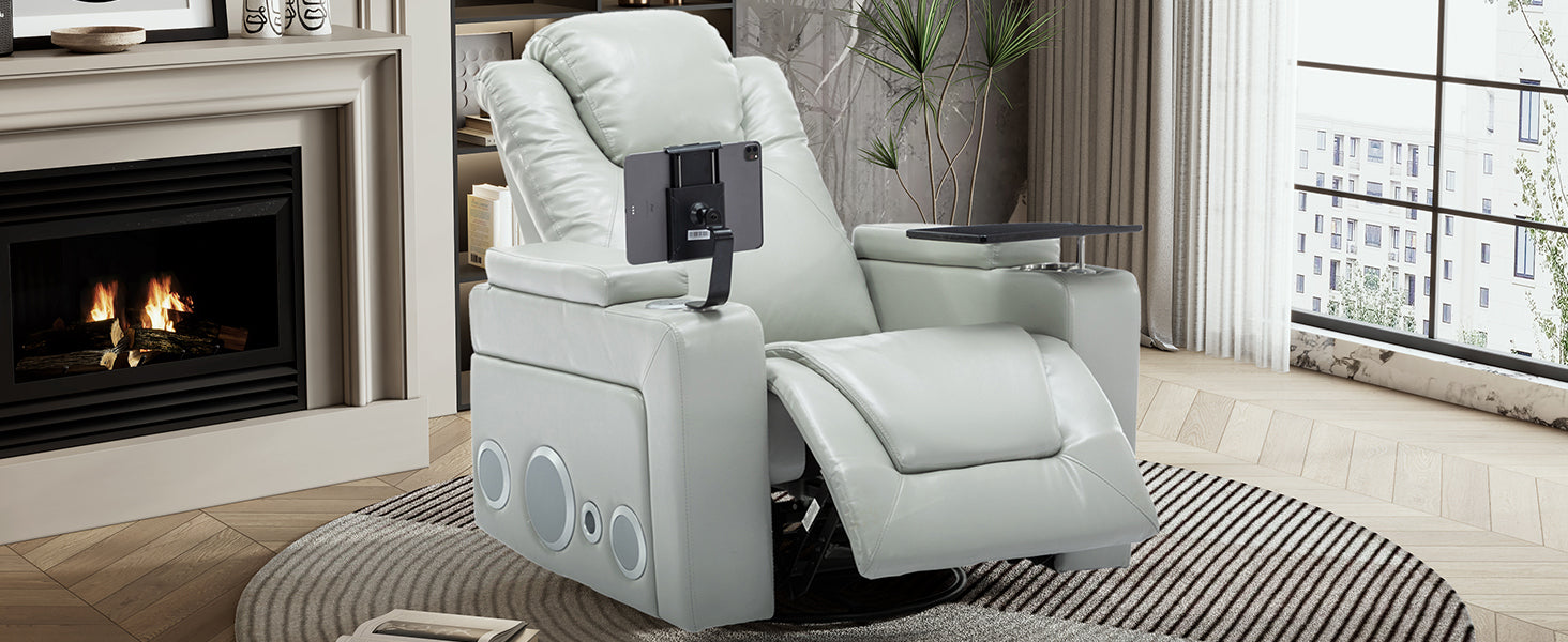 270 Degree Swivel Pu Leather Power Recliner Individual Seat Home Theater Recliner With Surround Sound, Cup Holder, Removable Tray Table, Hidden Arm Storage For Living Room, Grey Grey Foam Pu Leather