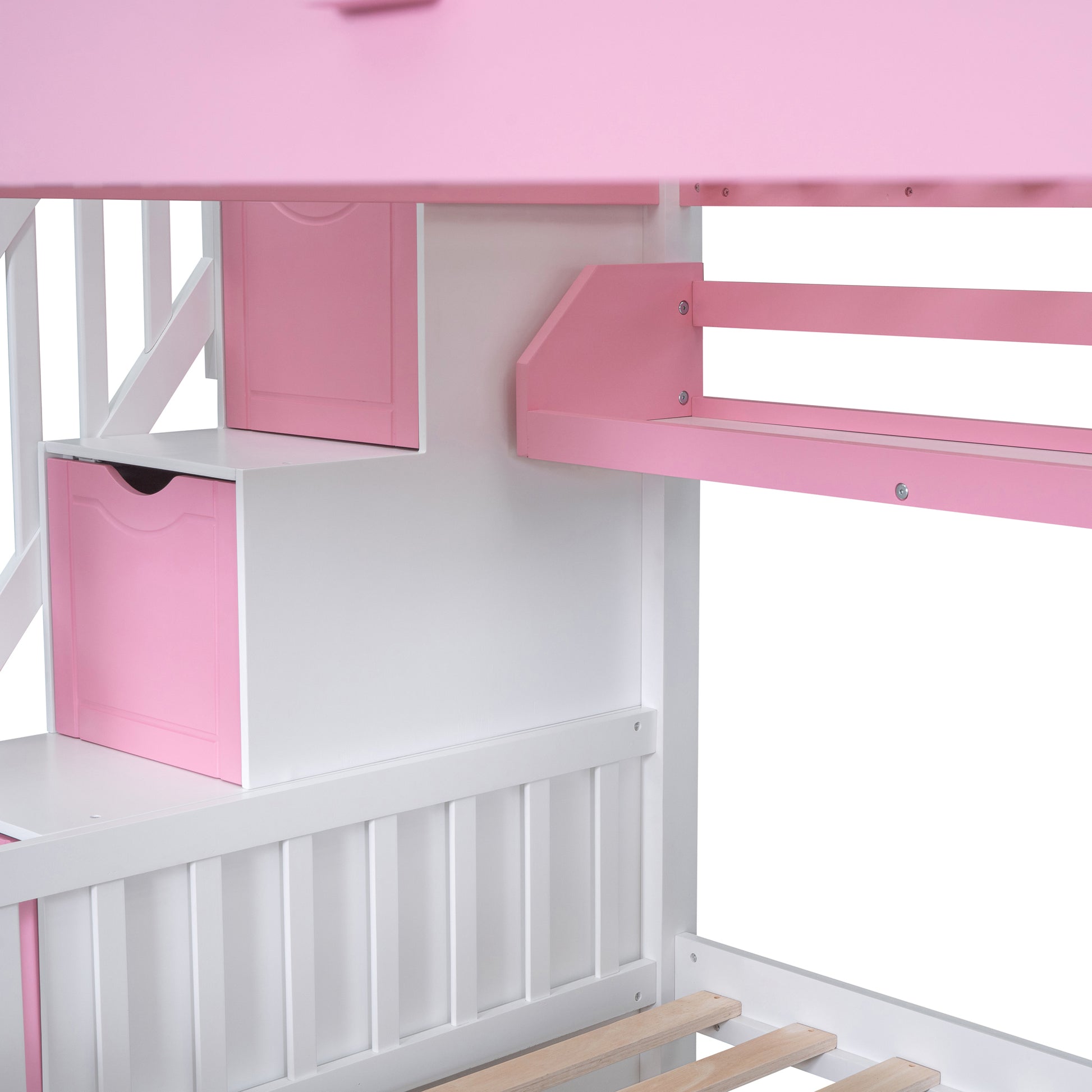 Full Over Full Castle Style Bunk Bed With 2 Drawers 3 Shelves And Slide Pink Pink Solid Wood