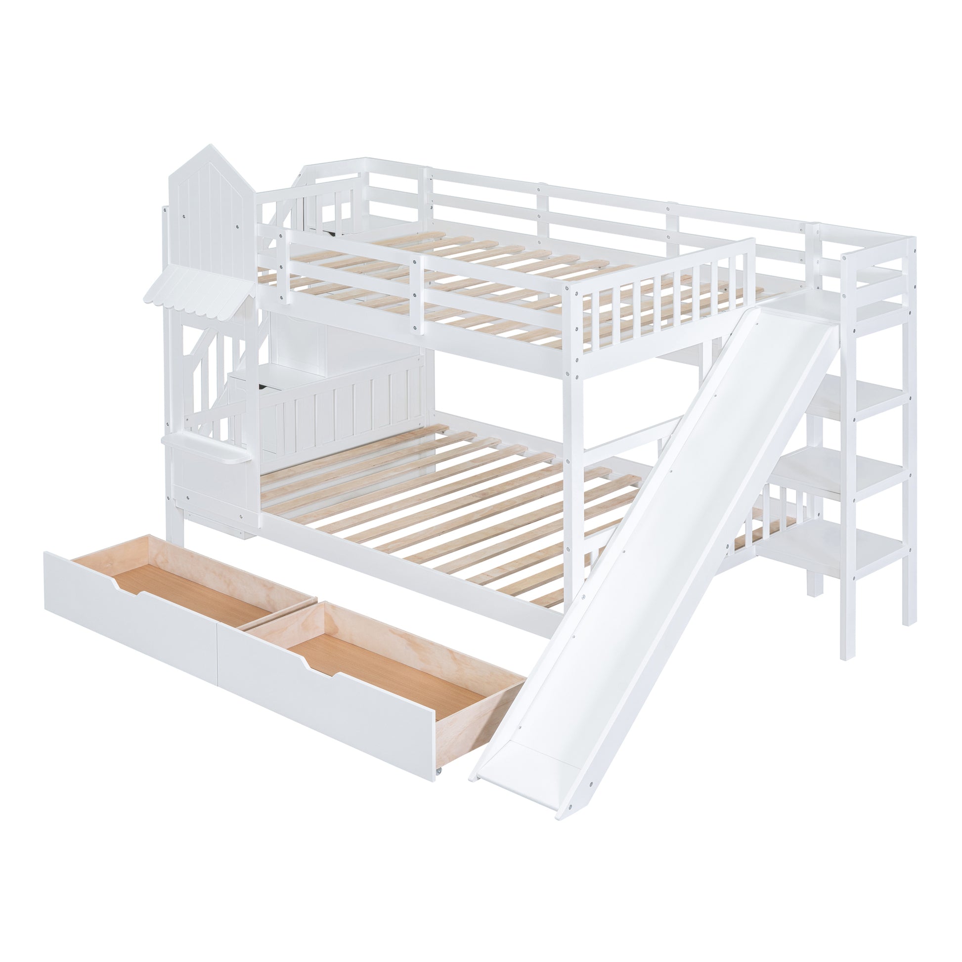 Full Over Full Castle Style Bunk Bed With 2 Drawers 3 Shelves And Slide White White Solid Wood