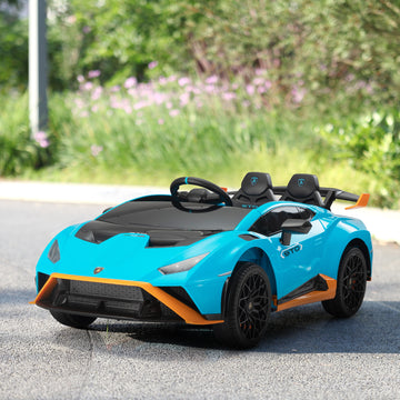 12V Battery Powered Ride On Car For Kids, Licensed Lamborghini, Remote Control Toy Vehicle With Music Player, Led Light, 2 Driving Modes Blue Polypropylene