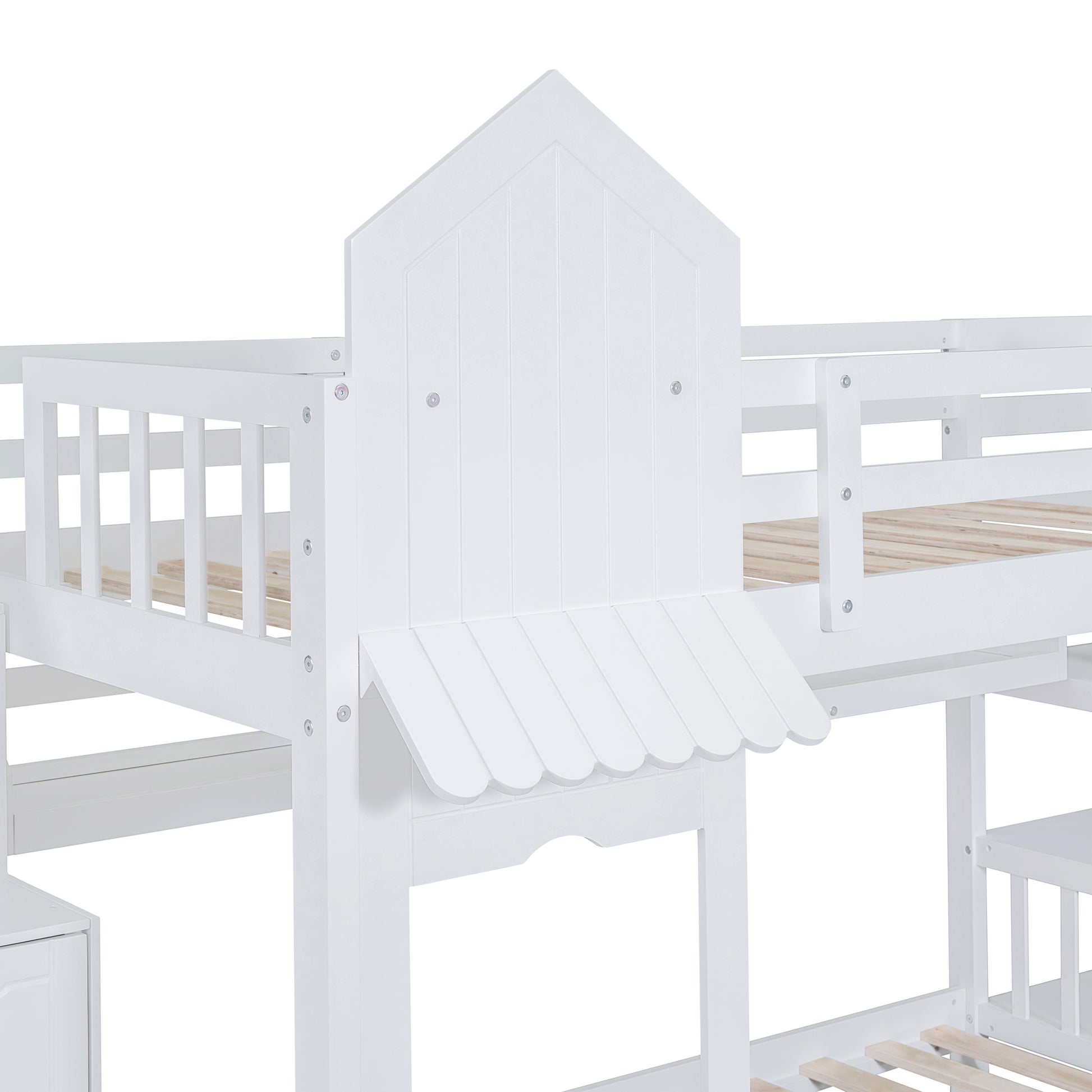 Twin Over Twin Castle Style Bunk Bed With 2 Drawers 3 Shelves And Slide White White Solid Wood