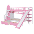 Twin Over Twin Castle Style Bunk Bed With 2 Drawers 3 Shelves And Slide Pink Pink Solid Wood