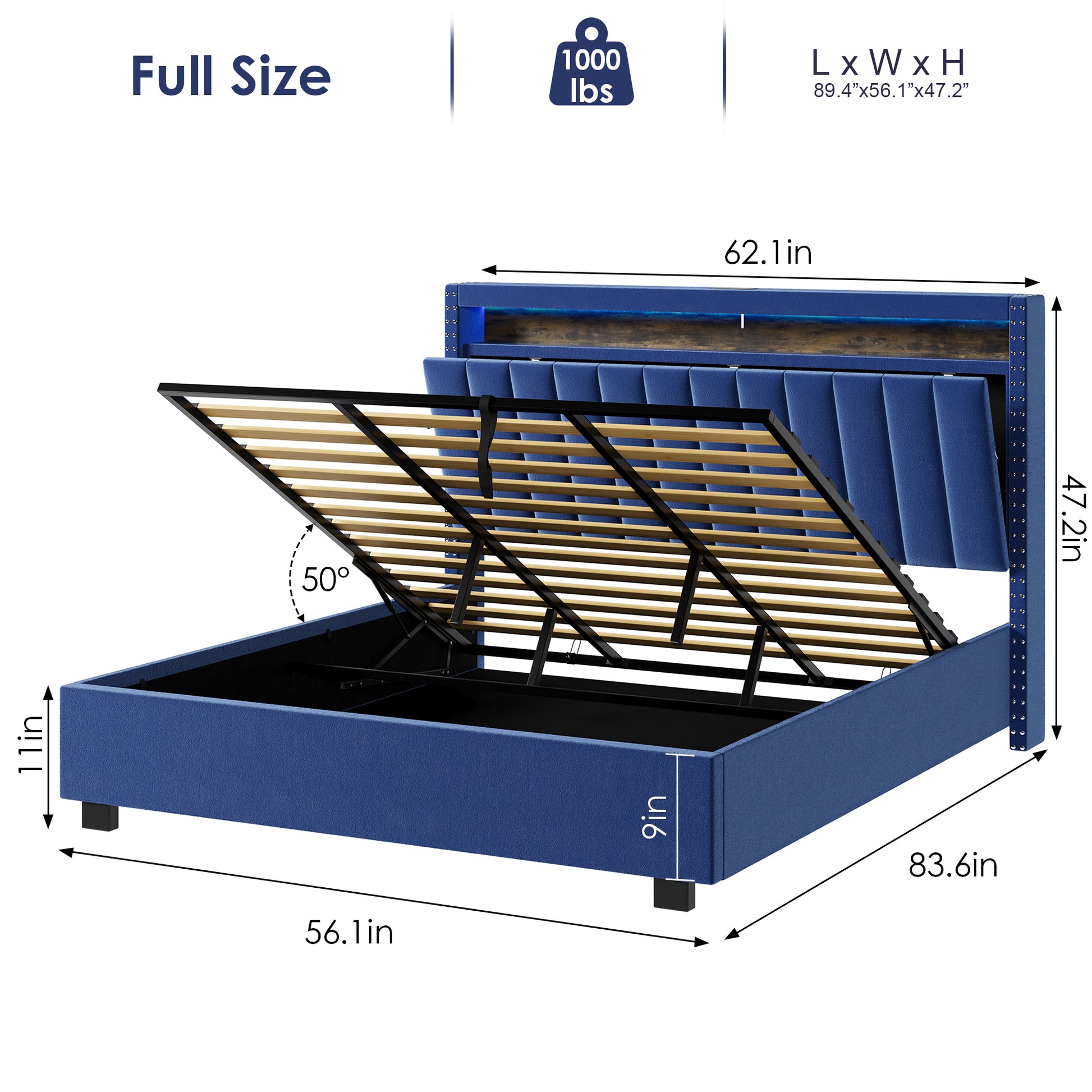 Luxury Gas Lift Storage Bed With Rf Led Lights, Storage Headboard ,Full Size ,Velvet Blue Box Spring Not Required Full Blue Wood Brown Bedroom American Design Poplar Slat Beds Polyurethane Foam